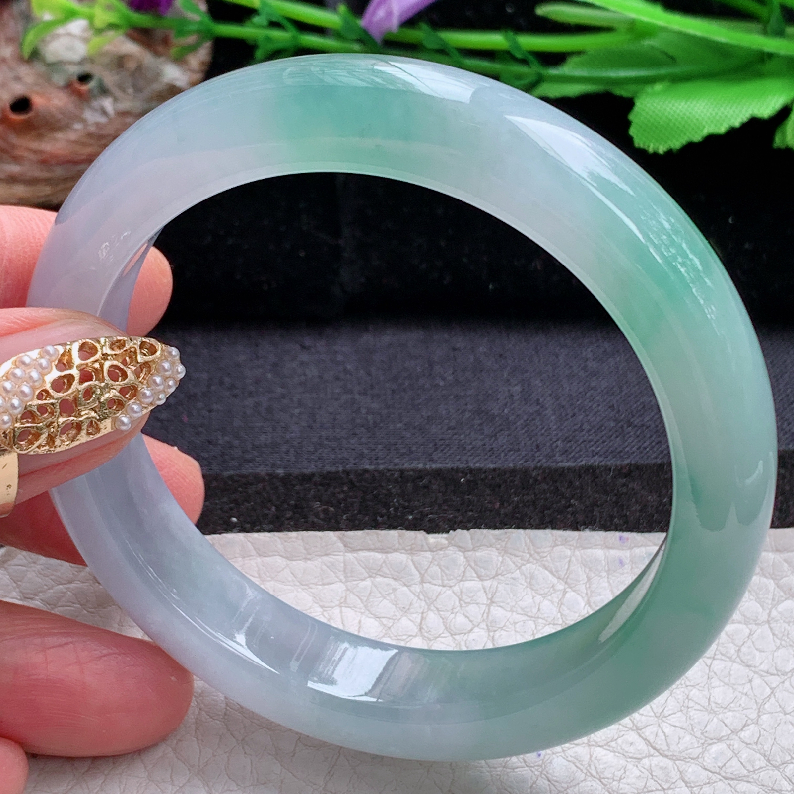 r招财款56.5*12.5*8.5平安镯 天然缅甸翡翠a货手镯冰润半山水正圈玉镯子