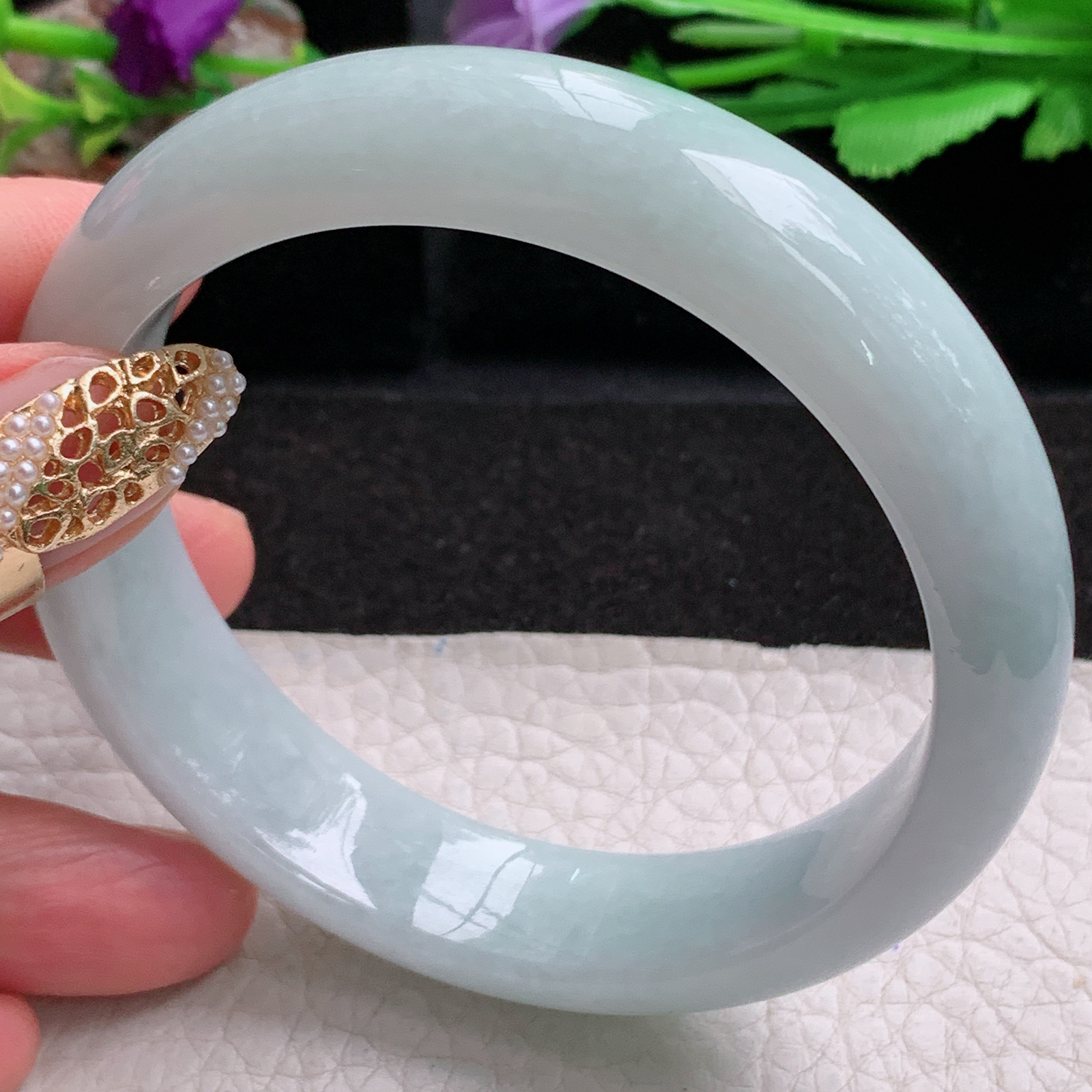 js白底青款59*14.3*8.2平安镯 天然缅甸翡翠a货手镯飘绿大气正圈玉镯子