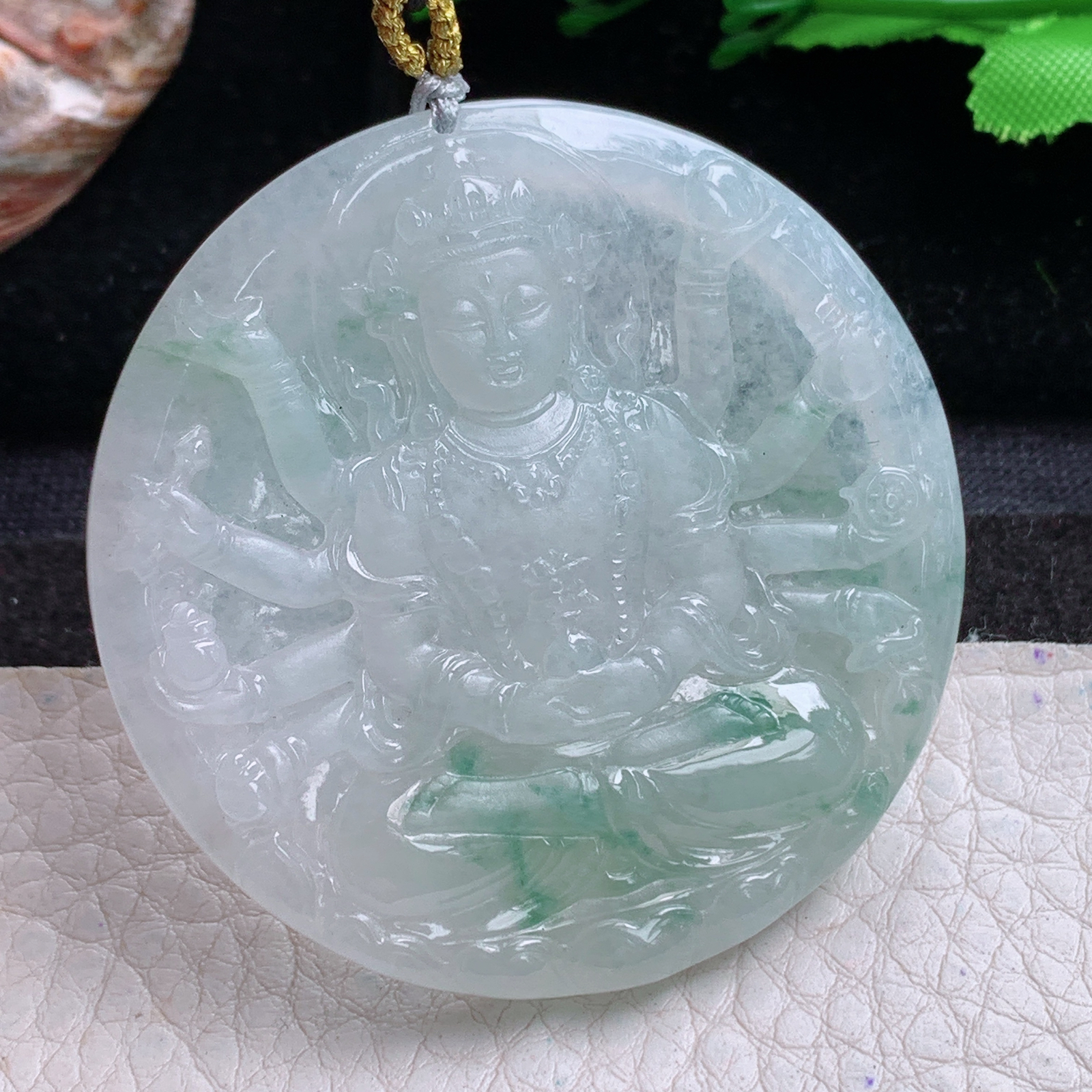 rp实拍50.6*5.6天然缅甸翡翠冰飘花千手观音 玉观音圆牌玉吊坠 玉挂件