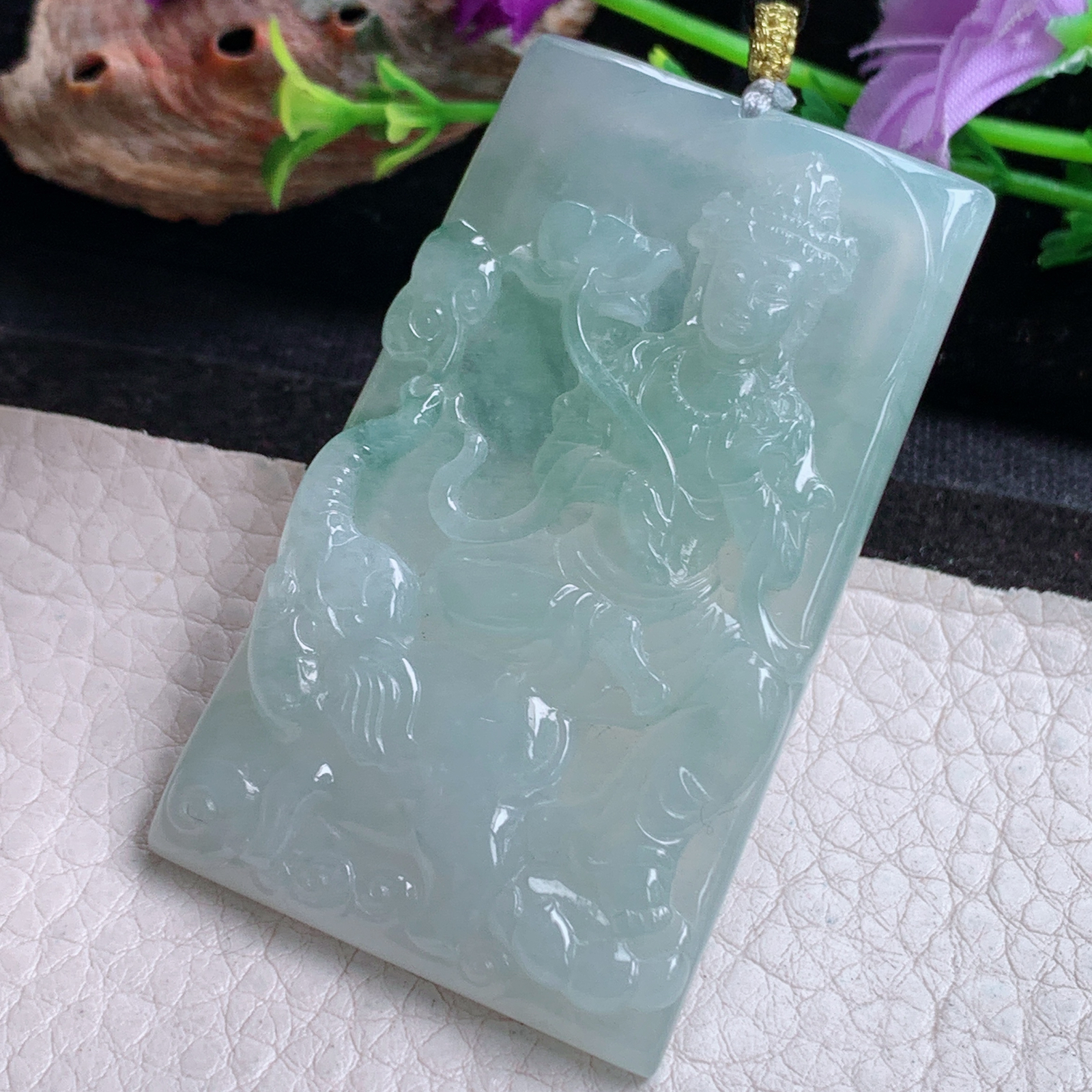 rp实拍59.3*35*6天然缅甸翡翠清新普贤菩萨 玉观音玉吊坠 玉挂件