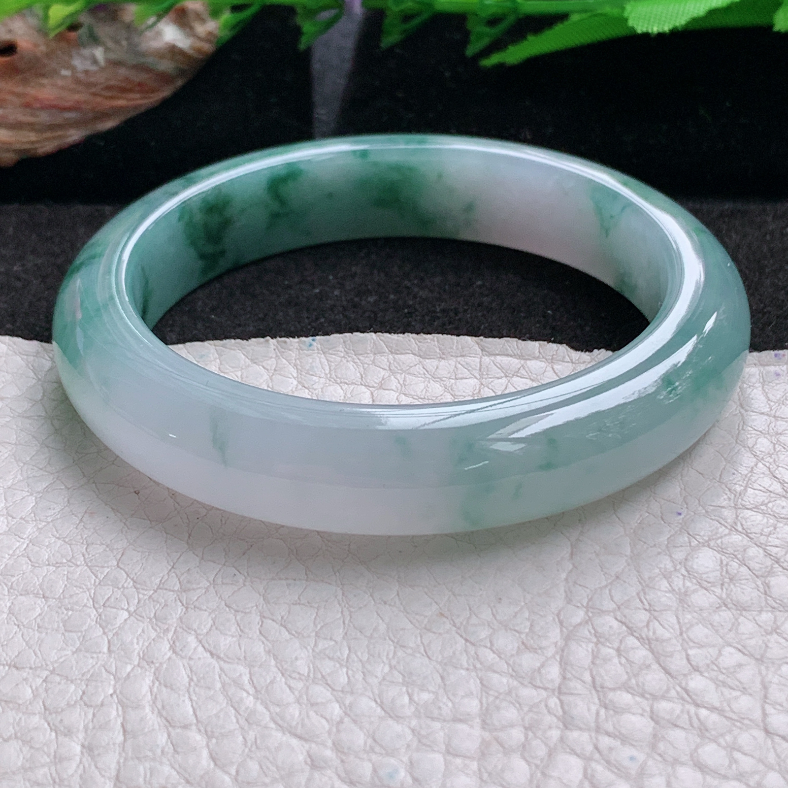 p飘逸款55.5*12.2*9平安镯 天然缅甸翡翠a货手镯冰飘花厚装正圈玉镯子