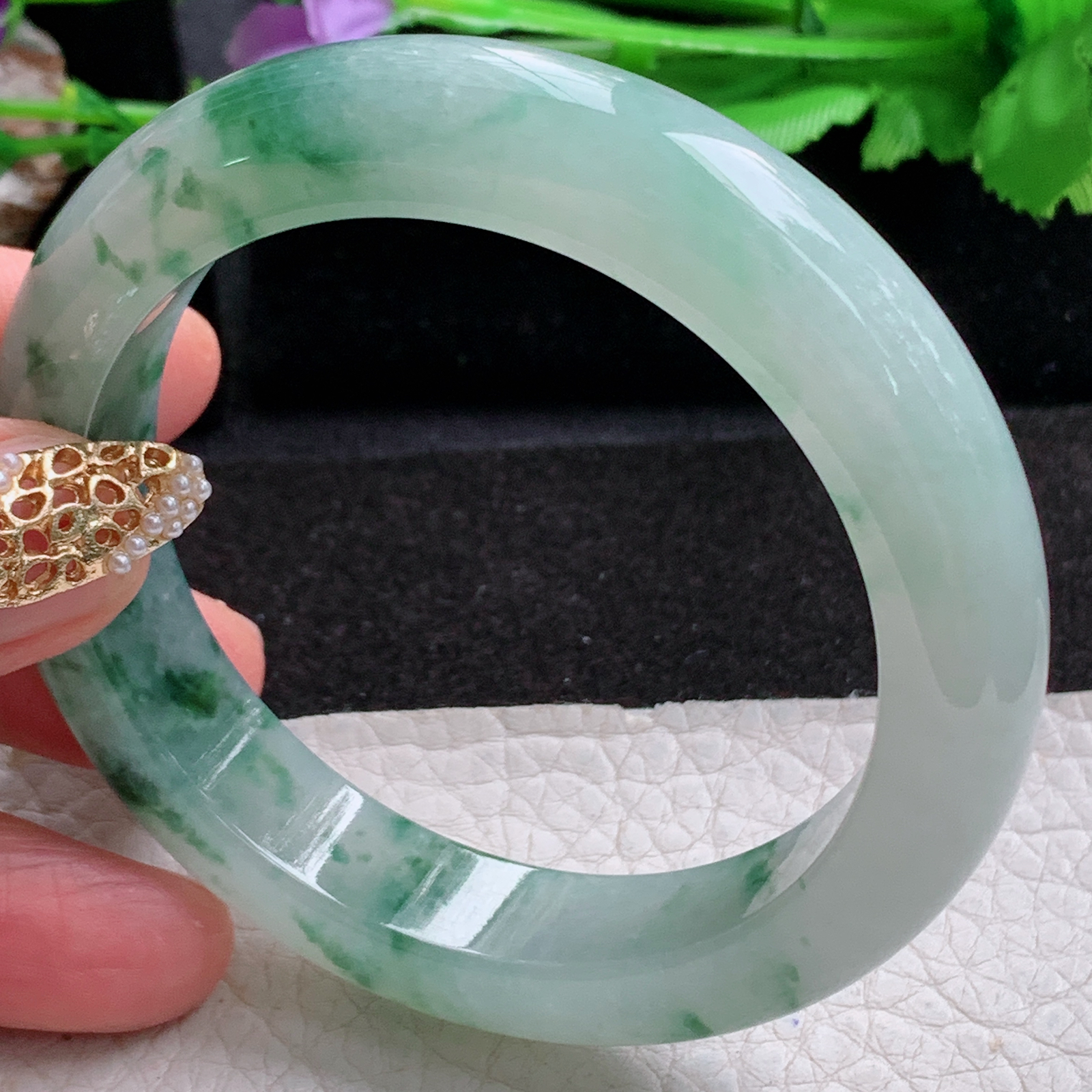 p飘逸款54.5*13*9.5平安镯 天然缅甸翡翠a货手镯冰飘花厚装正圈玉镯子