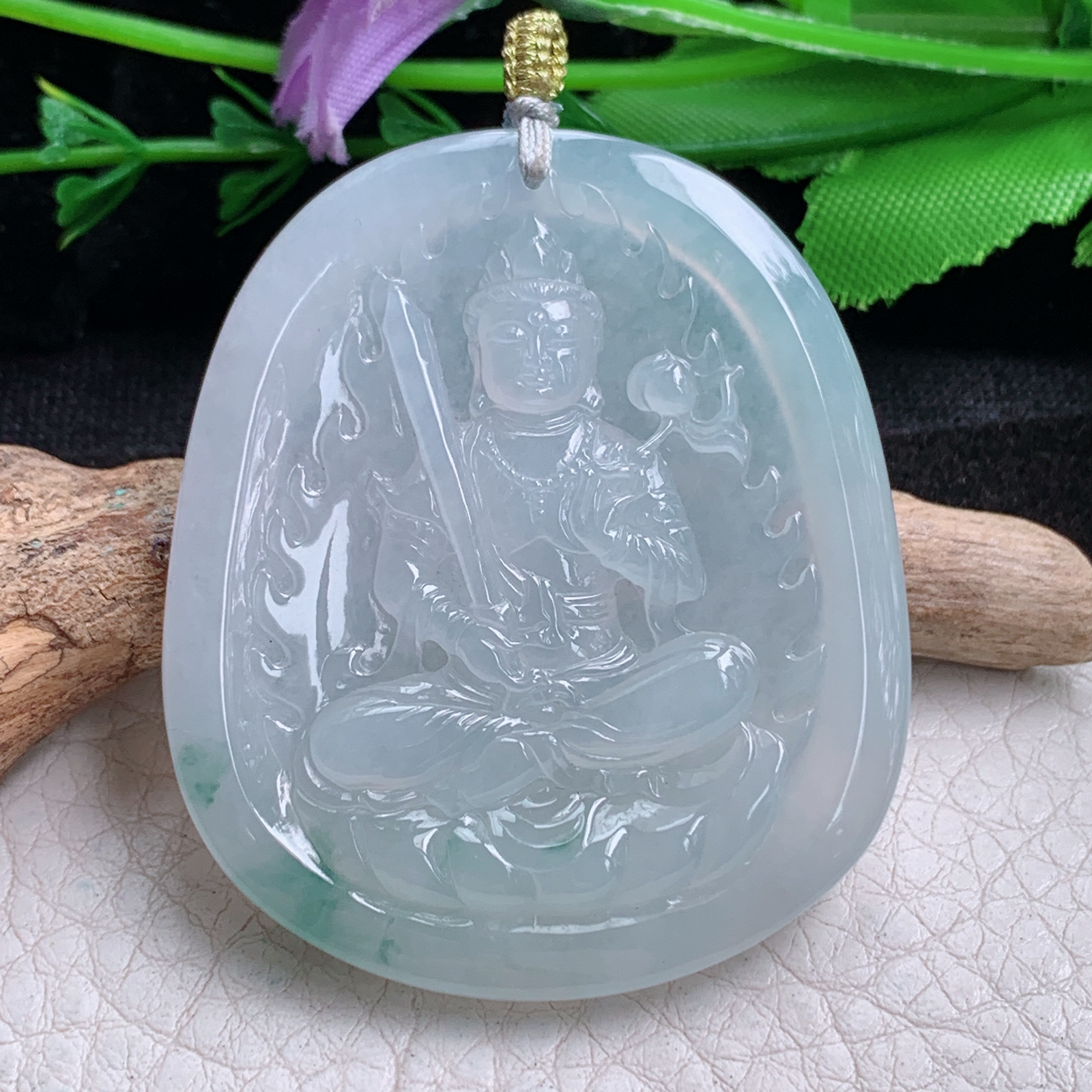 rp实拍50.3*42.8*5.5天然缅甸翡翠冰飘花虚空藏 生敞守护神玉吊坠 玉挂件