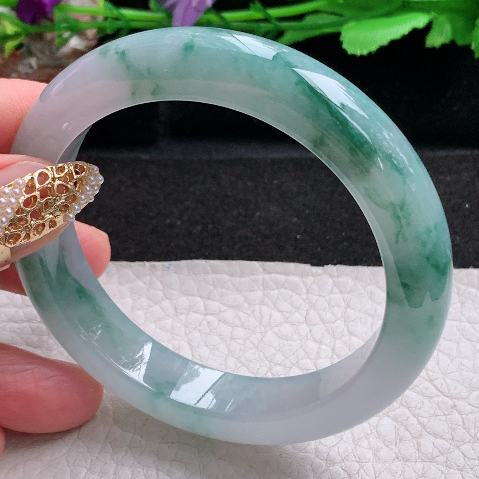 p飘逸款55.5*12.2*9平安镯 天然缅甸翡翠a货手镯冰飘花厚装正圈玉镯子