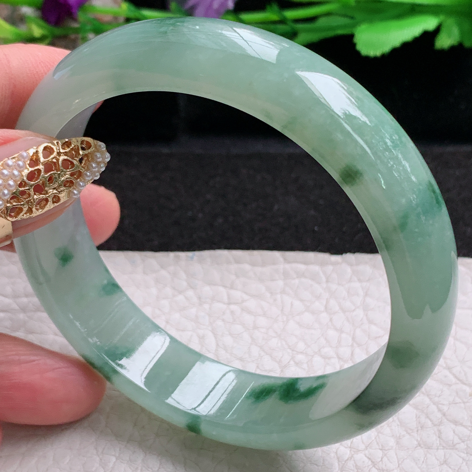 p飘逸款59.8*15*8.5平安镯 天然缅甸翡翠a货手镯冰飘花正圈玉镯子