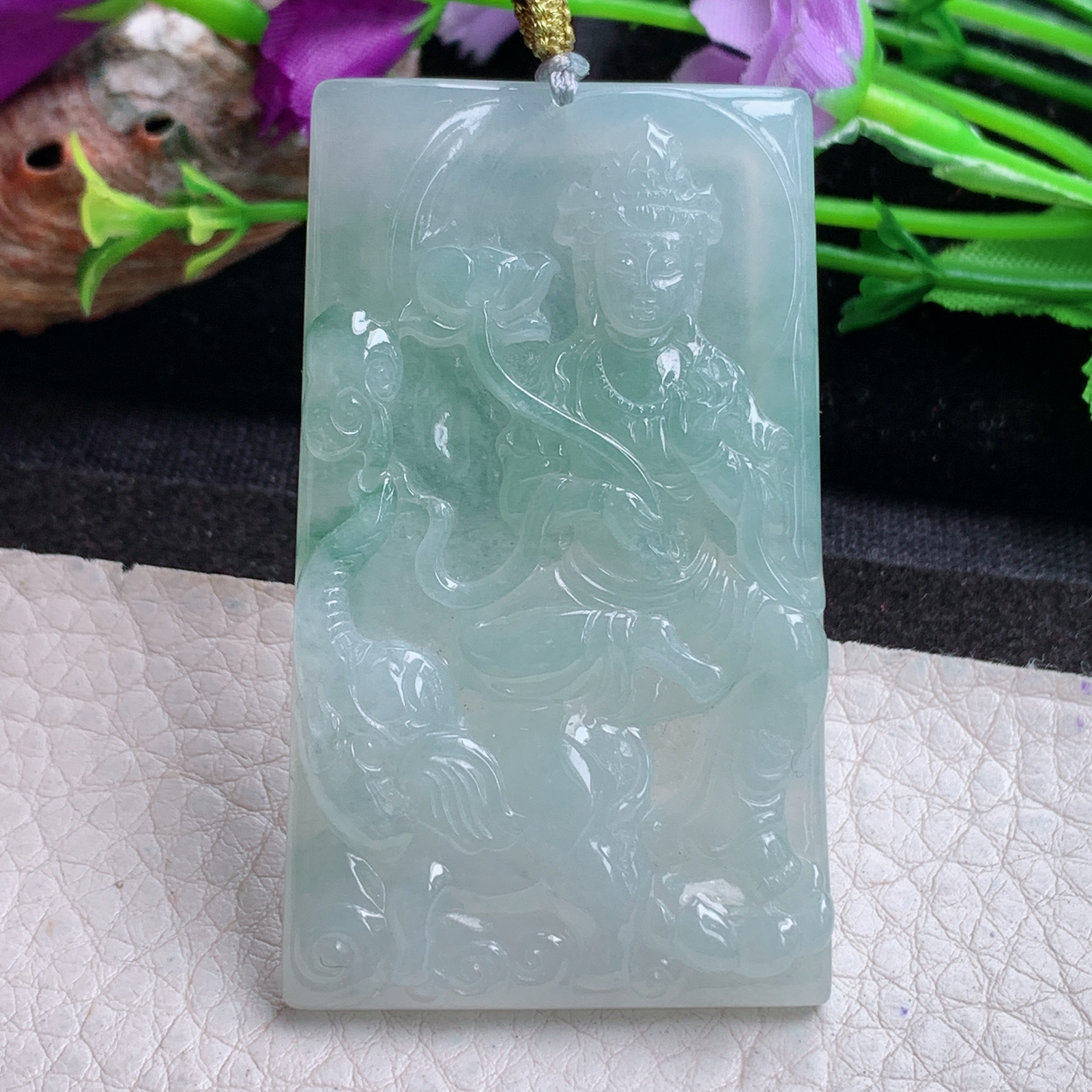 rp实拍59.3*35*6天然缅甸翡翠清新普贤菩萨 玉观音玉吊坠 玉挂件
