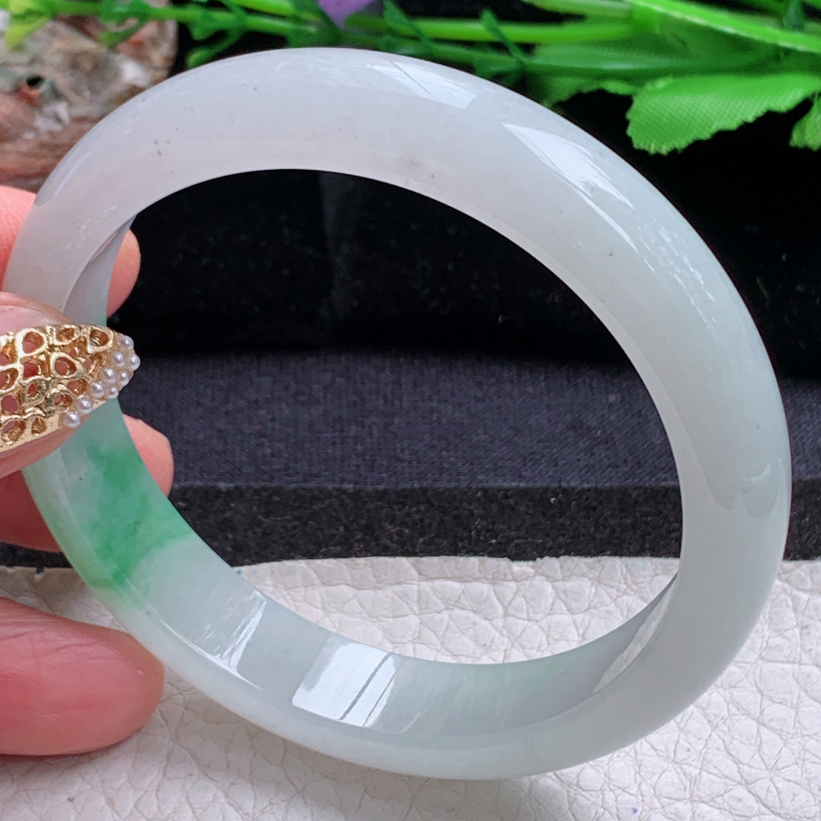 js白底青款56.5*12.2*7.3平安镯 天然缅甸翡翠a货手镯飘绿冰胶正圈玉镯子