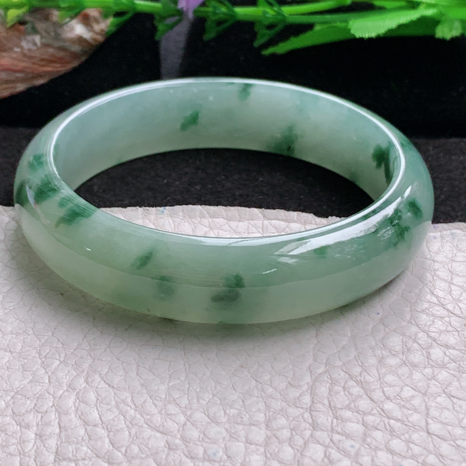 p飘逸款59.8*15*8.5平安镯 天然缅甸翡翠a货手镯冰飘花正圈玉镯子