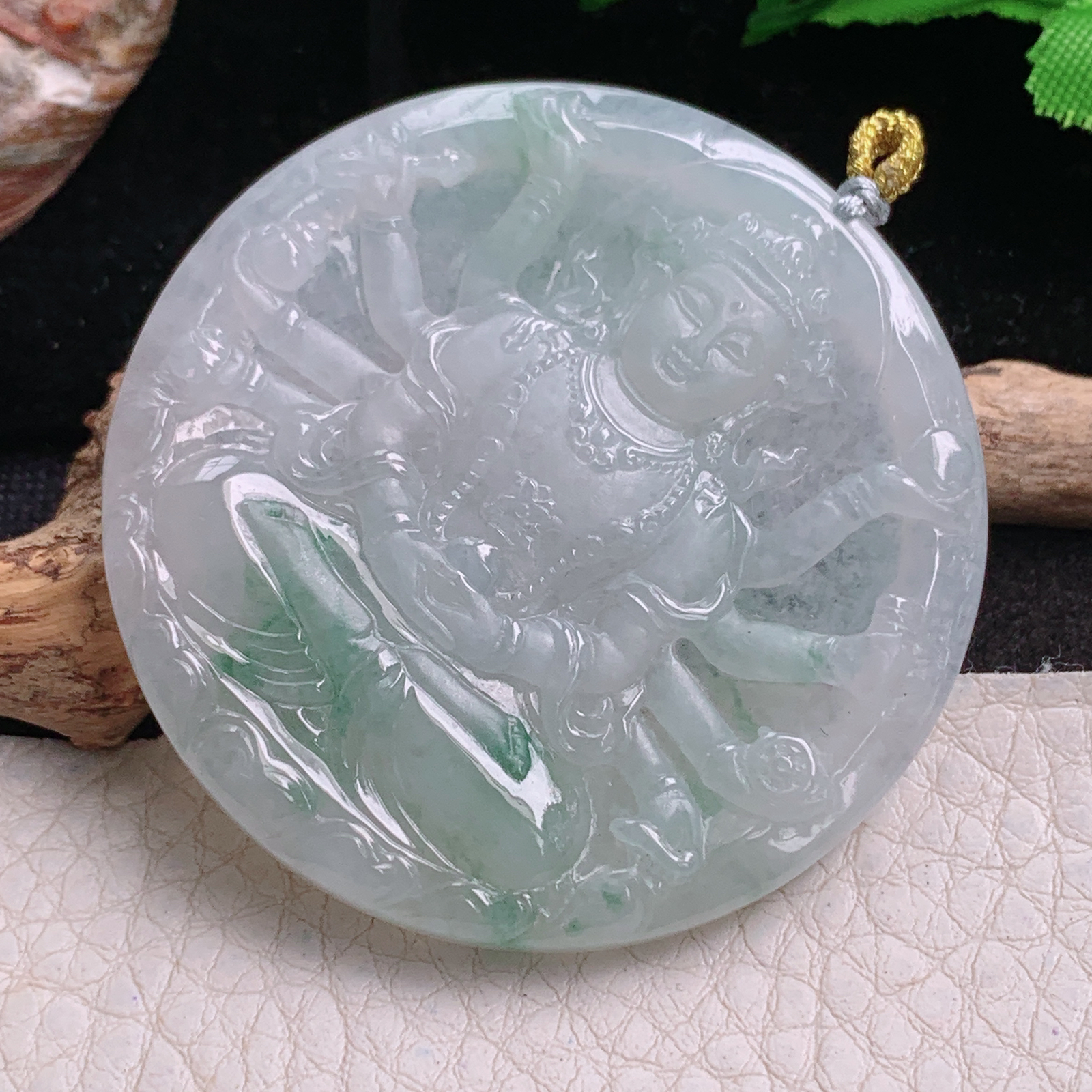 rp实拍50.6*5.6天然缅甸翡翠冰飘花千手观音 玉观音圆牌玉吊坠 玉挂件