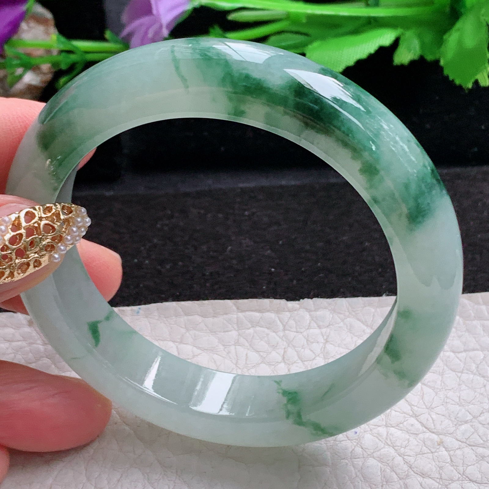 p飘逸款54.5*13*9.5平安镯 天然缅甸翡翠a货手镯冰飘花厚装正圈玉镯子