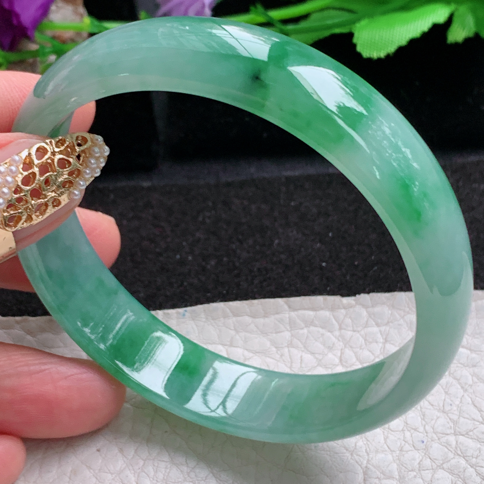 p大圈口59.5*14*6.6平安镯 天然缅甸翡翠a货手镯冰飘绿正圈玉镯子