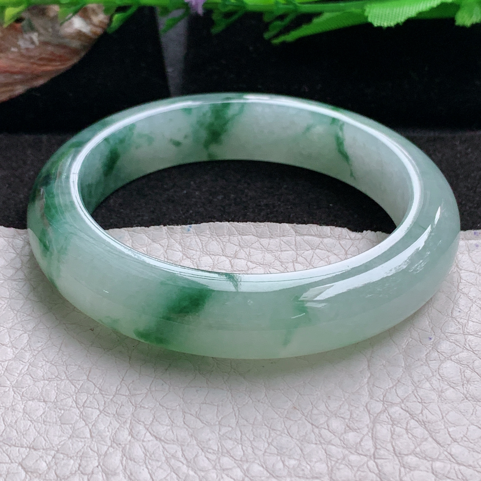 p飘逸款54.5*13*9.5平安镯 天然缅甸翡翠a货手镯冰飘花厚装正圈玉镯子