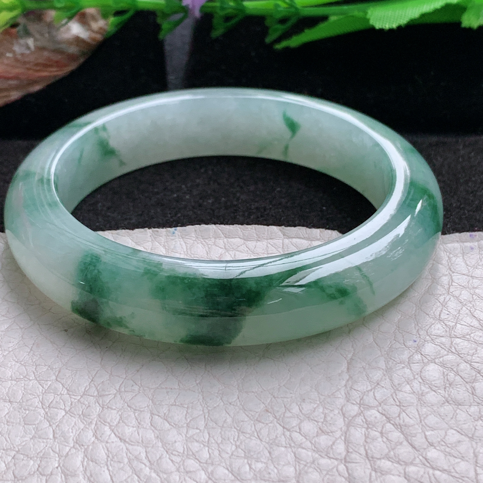 p飘逸款54.5*13*9.5平安镯 天然缅甸翡翠a货手镯冰飘花厚装正圈玉镯子