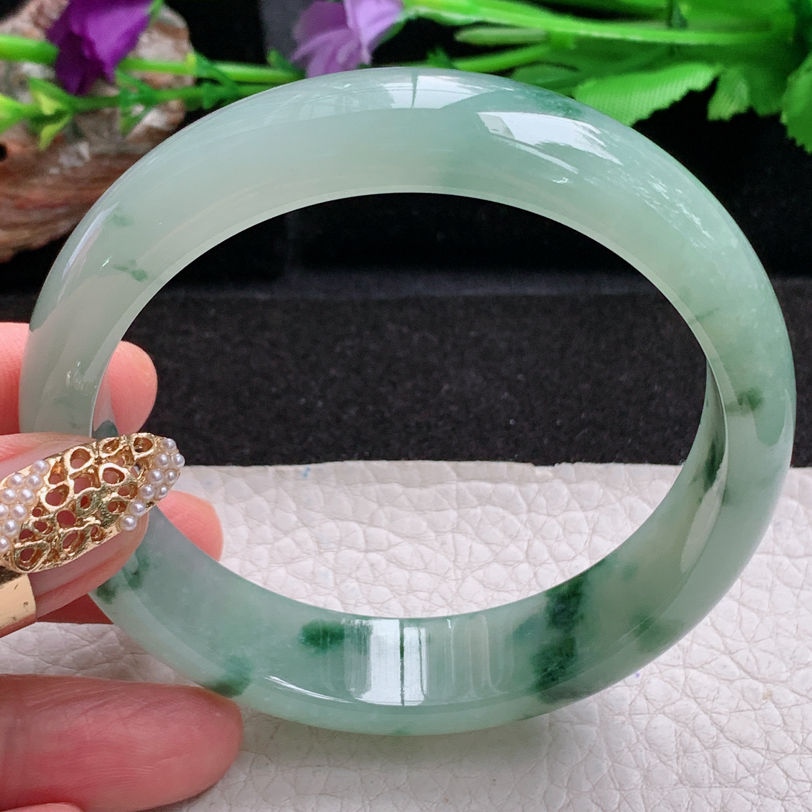 p飘逸款59.8*15*8.5平安镯 天然缅甸翡翠a货手镯冰飘花正圈玉镯子