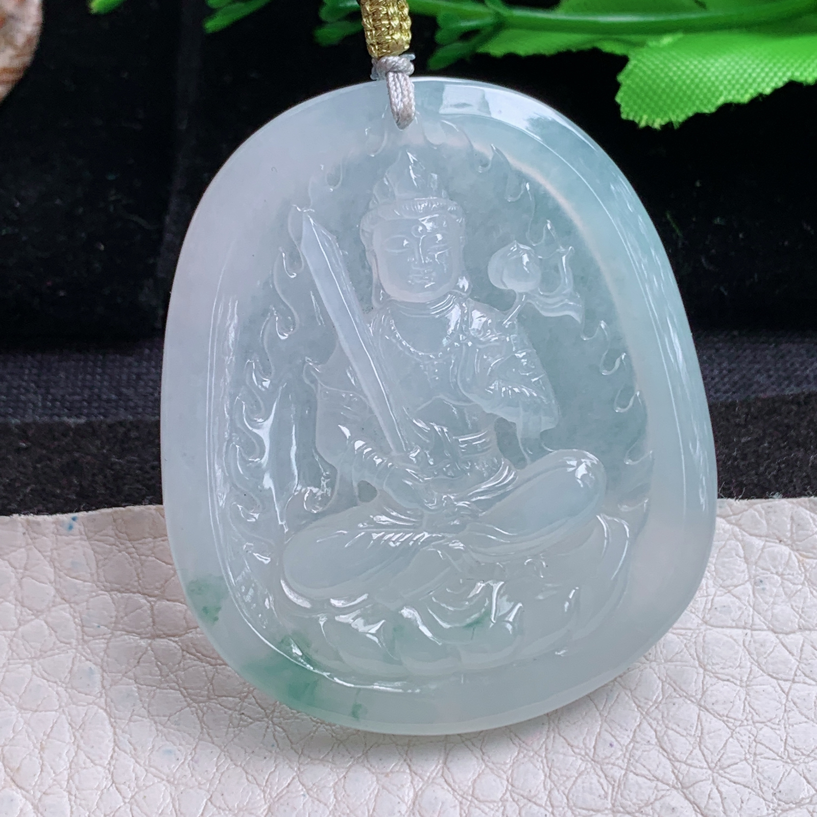 rp实拍50.3*42.8*5.5天然缅甸翡翠冰飘花虚空藏 生敞守护神玉吊坠 玉挂件