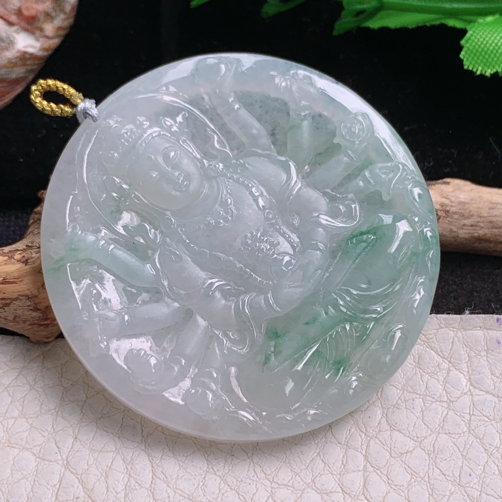 rp实拍50.6*5.6天然缅甸翡翠冰飘花千手观音 玉观音圆牌玉吊坠 玉挂件