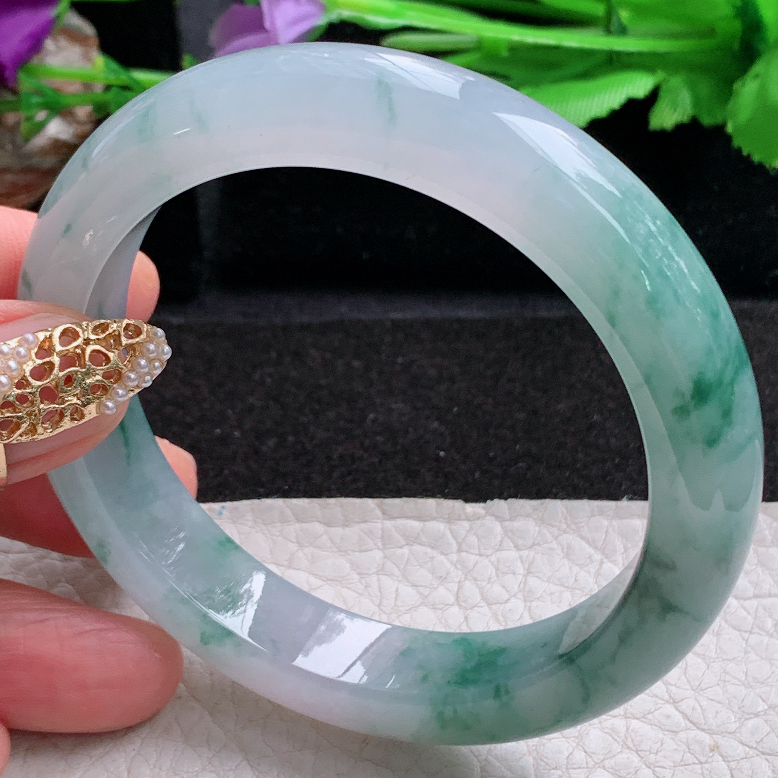 p飘逸款55.5*12.2*9平安镯 天然缅甸翡翠a货手镯冰飘花厚装正圈玉镯子