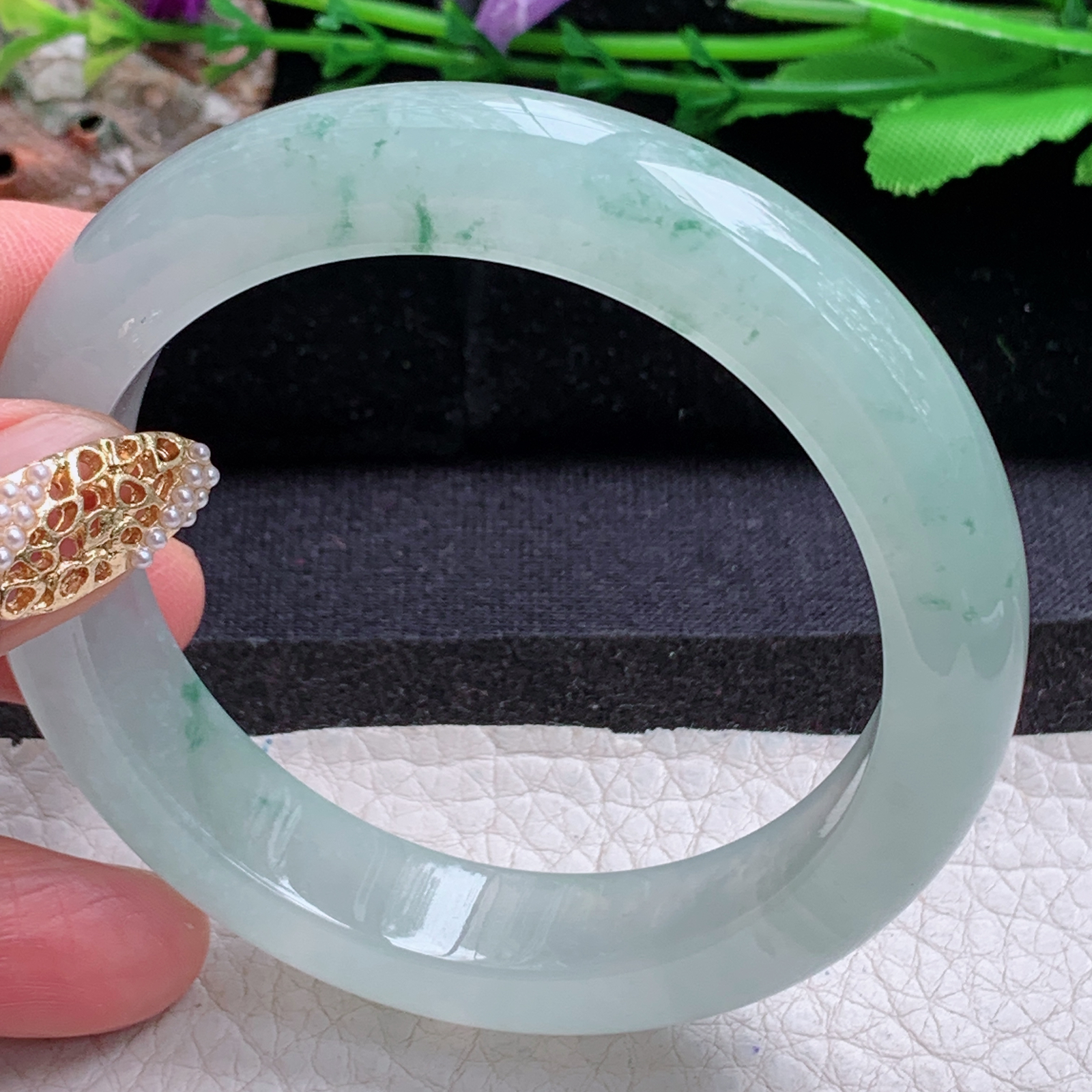 fx实拍55.5*8.8平安镯 天然缅甸翡翠a货手镯冰飘花正圈玉镯子