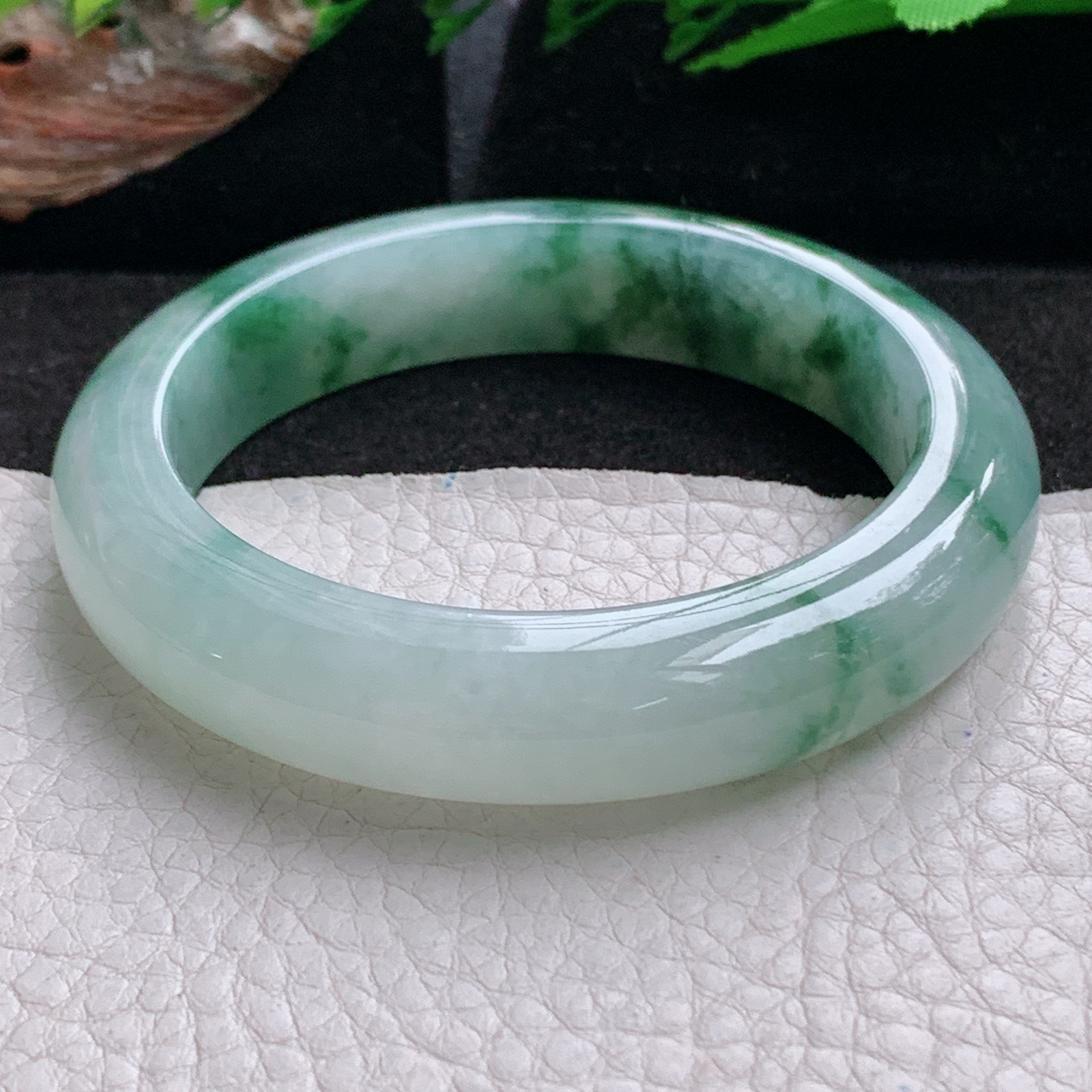 p飘逸款54.5*13*9.5平安镯 天然缅甸翡翠a货手镯冰飘花厚装正圈玉镯子