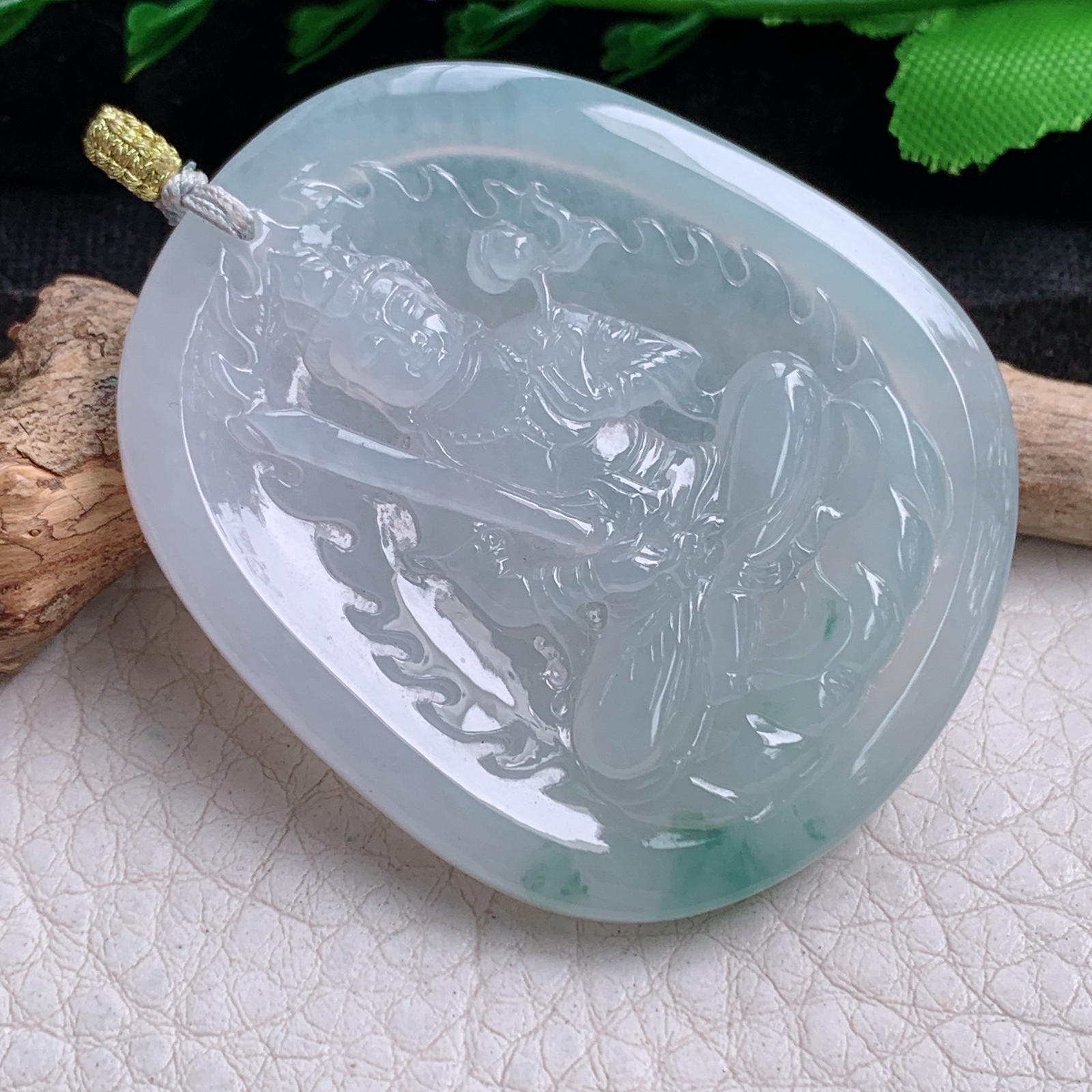 rp实拍50.3*42.8*5.5天然缅甸翡翠冰飘花虚空藏 生敞守护神玉吊坠 玉挂件