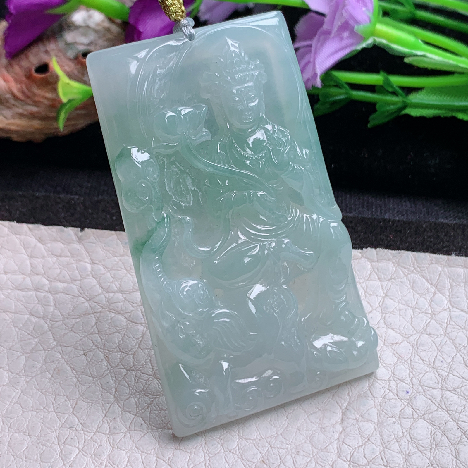 rp实拍59.3*35*6天然缅甸翡翠清新普贤菩萨 玉观音玉吊坠 玉挂件