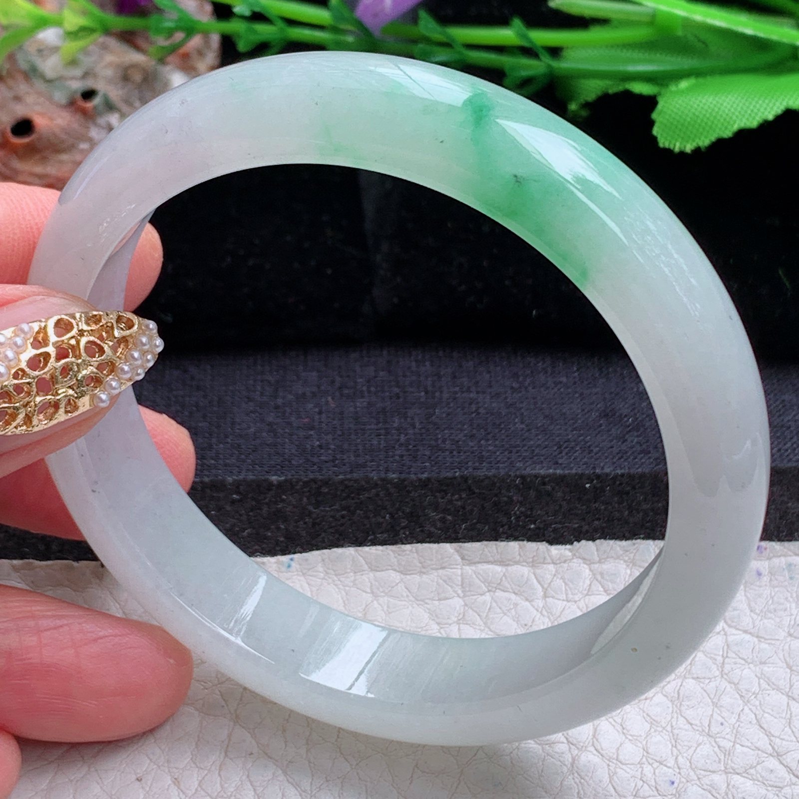 js白底青款56.5*12.2*7.3平安镯 天然缅甸翡翠a货手镯飘绿冰胶正圈玉镯子