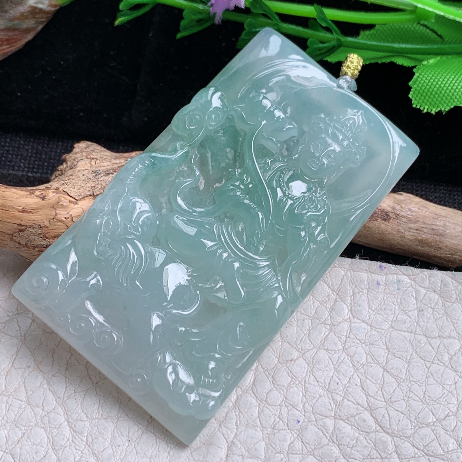 rp实拍59.3*35*6天然缅甸翡翠清新普贤菩萨 玉观音玉吊坠 玉挂件