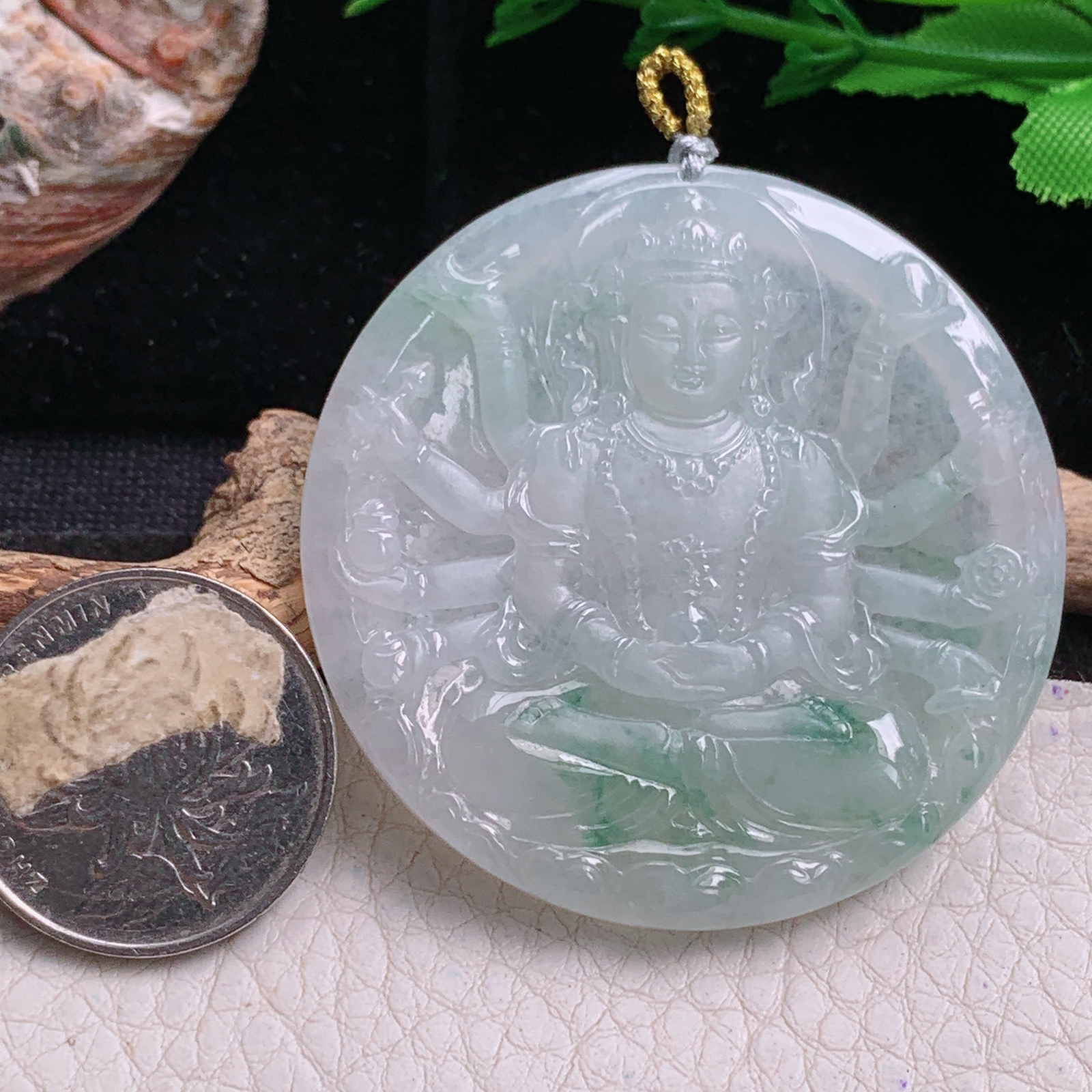 rp实拍50.6*5.6天然缅甸翡翠冰飘花千手观音 玉观音圆牌玉吊坠 玉挂件
