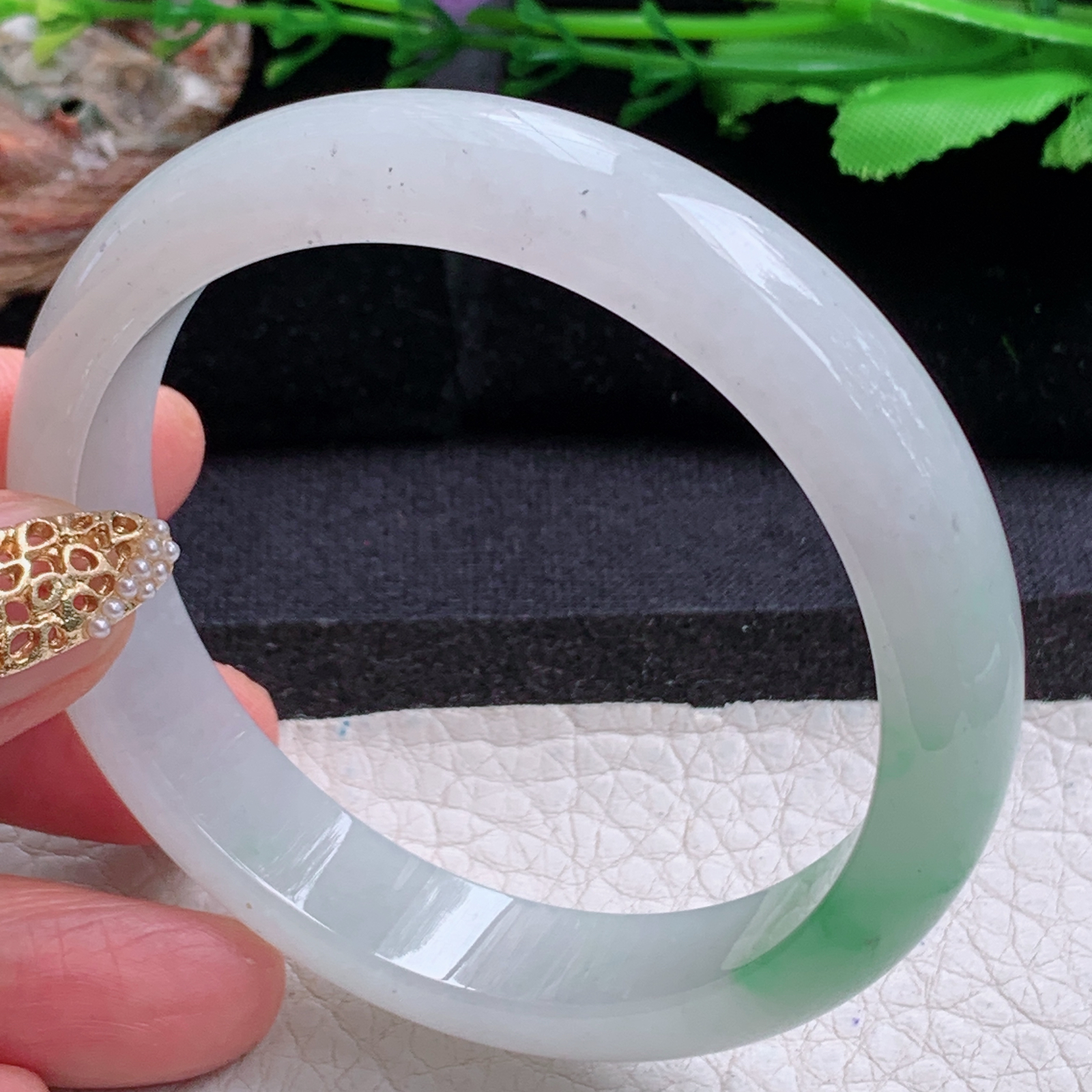 js白底青款56.5*12.2*7.3平安镯 天然缅甸翡翠a货手镯飘绿冰胶正圈玉镯子