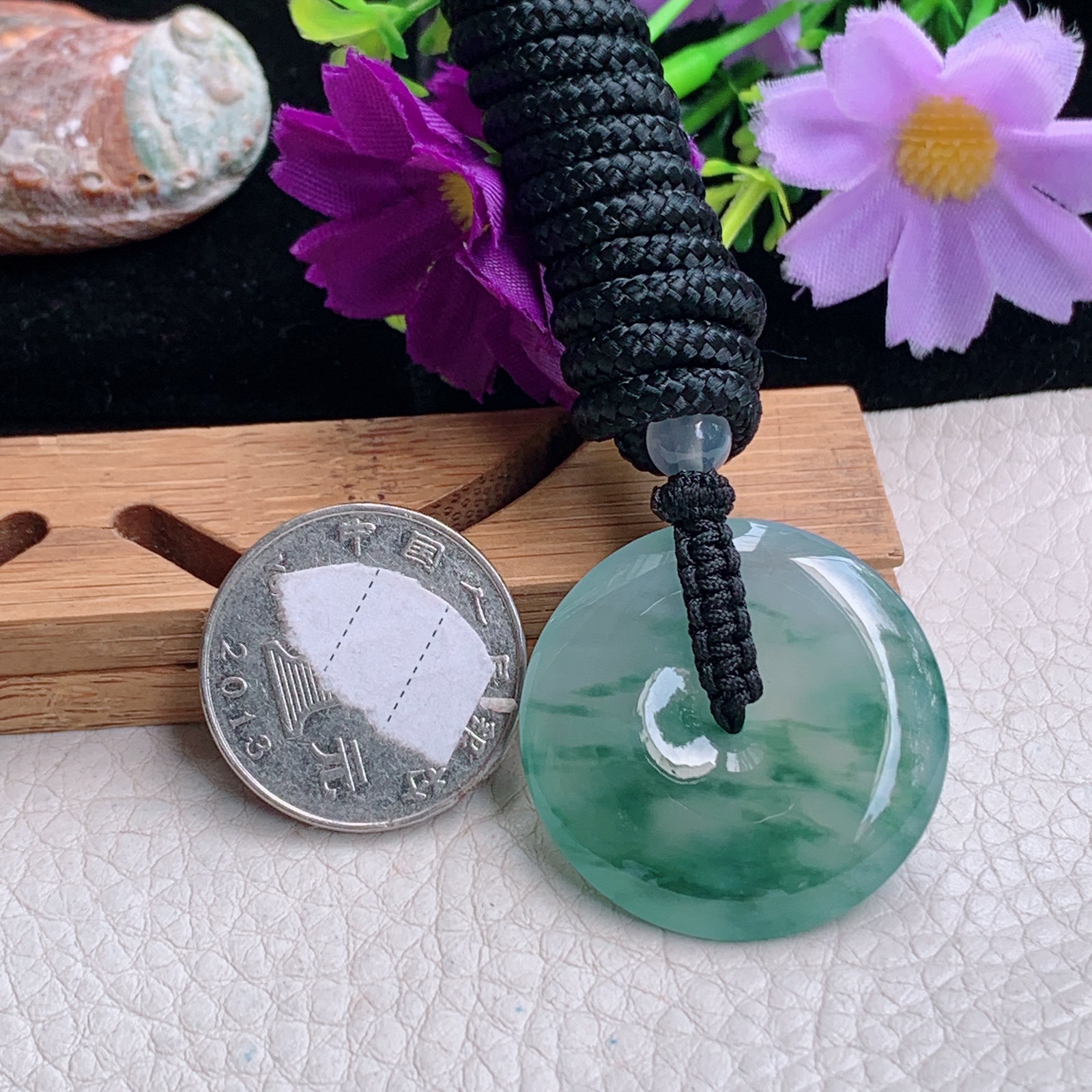 zz3实拍31.6*6天然缅甸翡翠冰飘花平安扣吊坠 简约高贵玉扣