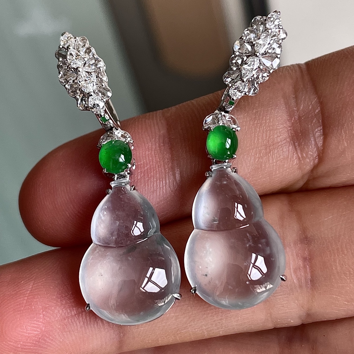 ️玻璃种葫芦耳坠，18k金镶嵌，水润，无裂，饱满，裸石尺寸17/12/6--37编码0318好数字