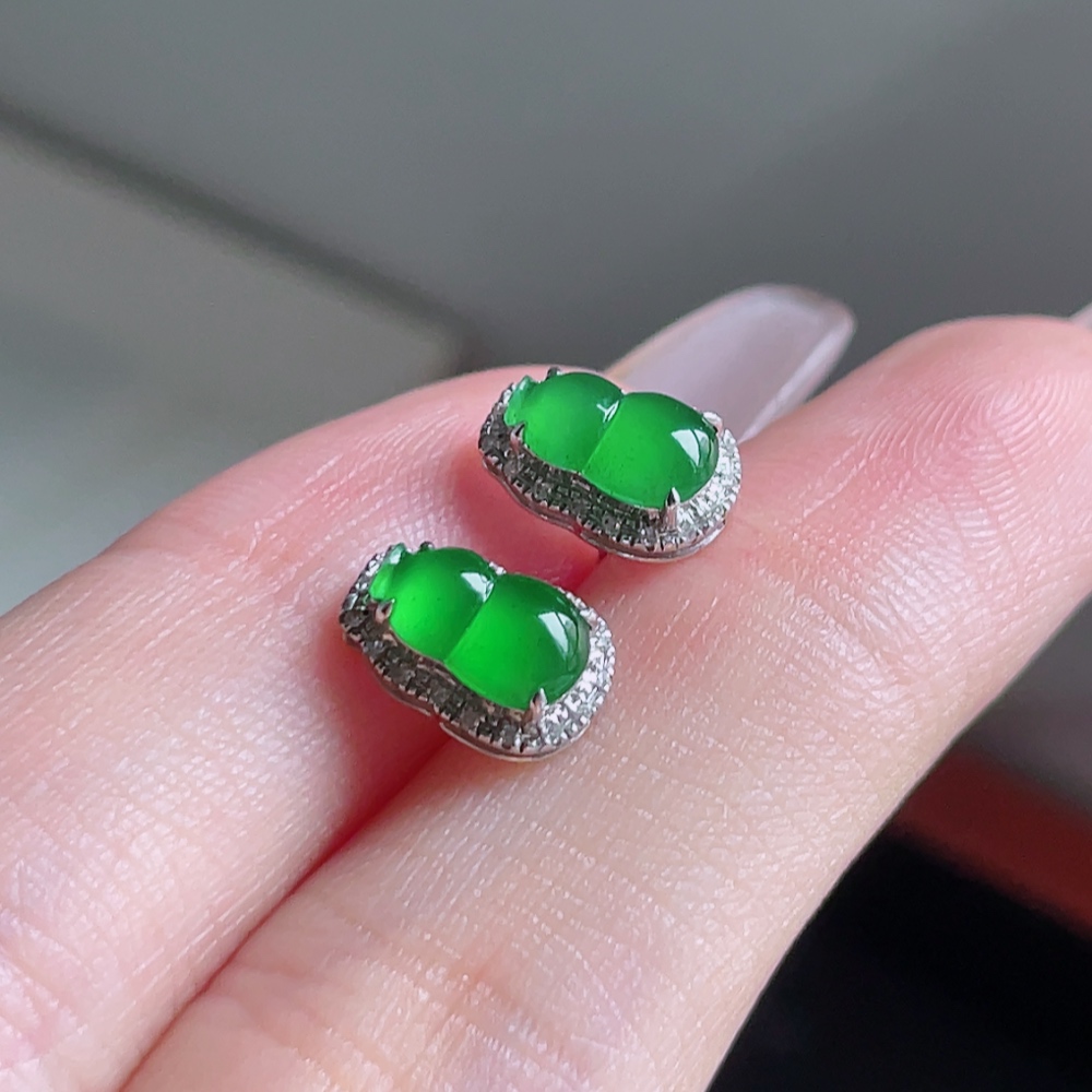 ️ 冰阳绿葫芦耳钉 色泽鲜艳 种老水润 18k金镶嵌 整体 9.7/6.7 裸石 7.9/4.9