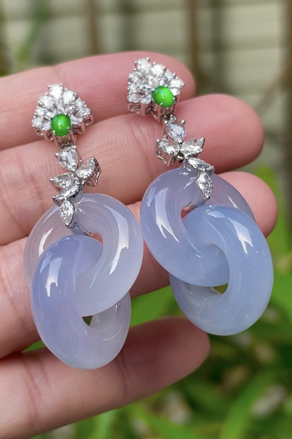 ️5【高冰，双环扣耳环】大件饱满，通透水润，玉质细腻，翠色鲜艳，18k金奢华钻石镶嵌️，25.3-18.4-5.6