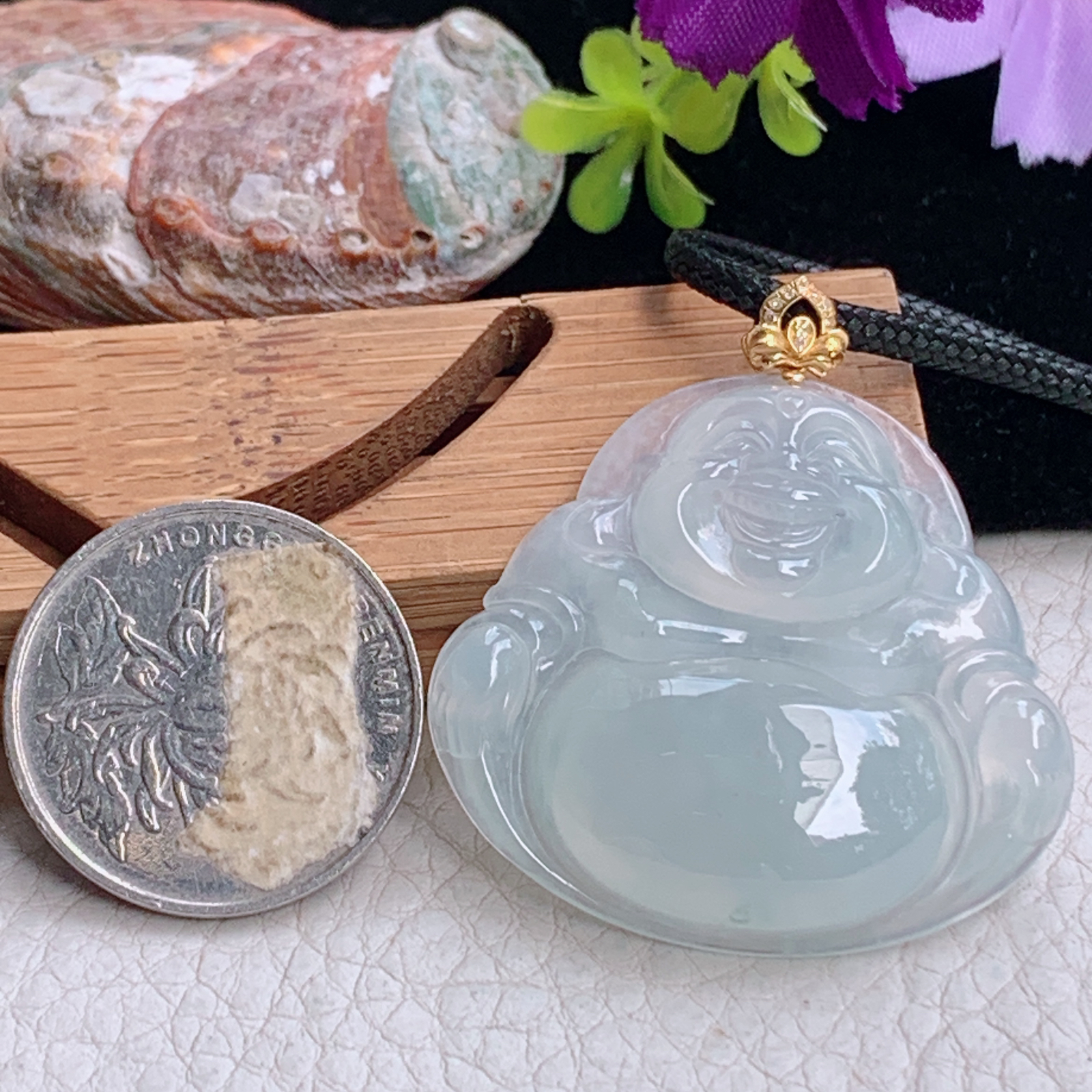 zz3实拍35.6*38.5*7天然缅甸翡翠冰透大佛公吊坠 镶金扣白月光弥勒佛像项坠