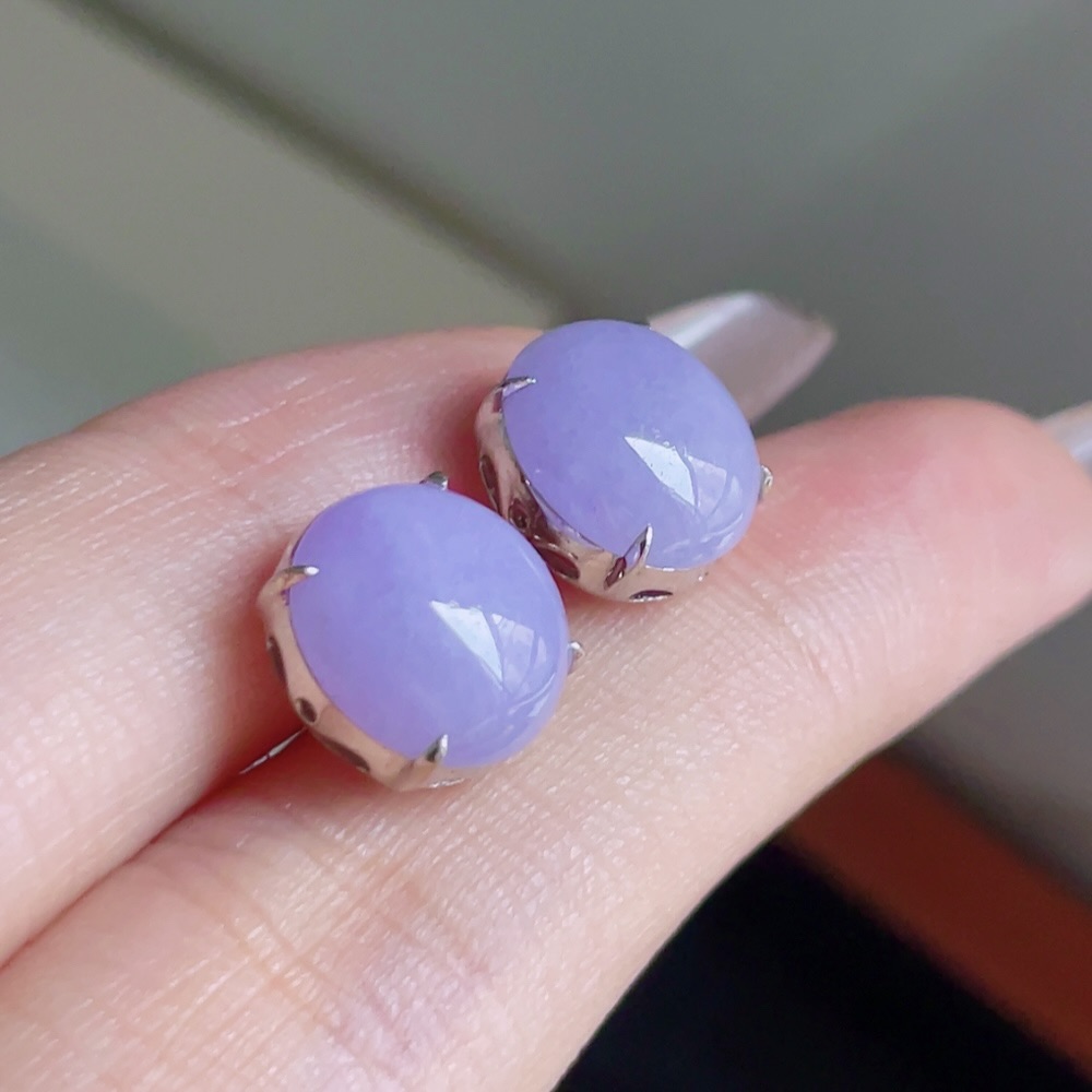 ️ 冰紫底蛋面耳钉 色泽浓郁 种老水润 18k金镶嵌 尺寸 10.6/9.8/5