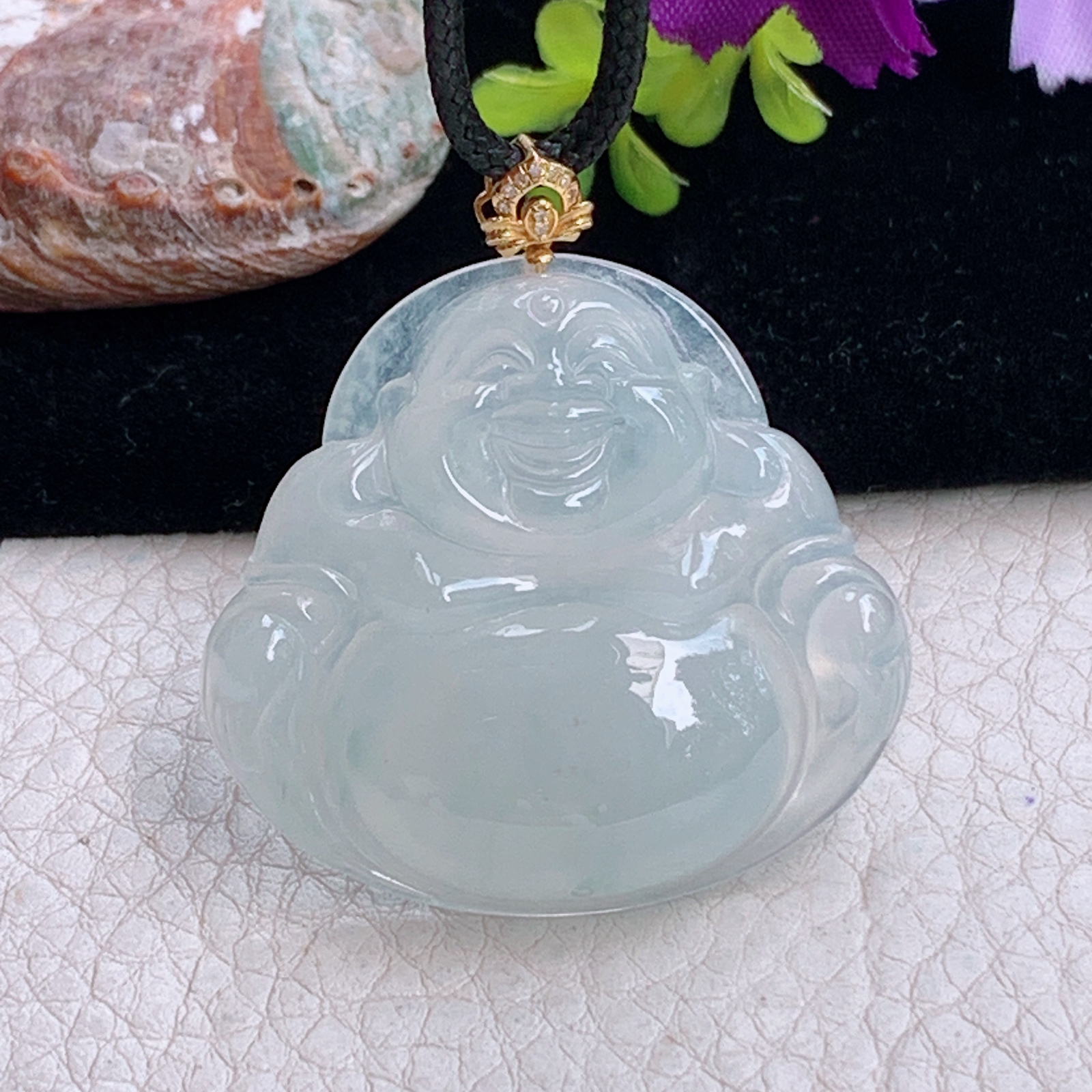 zz3实拍35.6*38.5*7天然缅甸翡翠冰透大佛公吊坠 镶金扣白月光弥勒佛像项坠