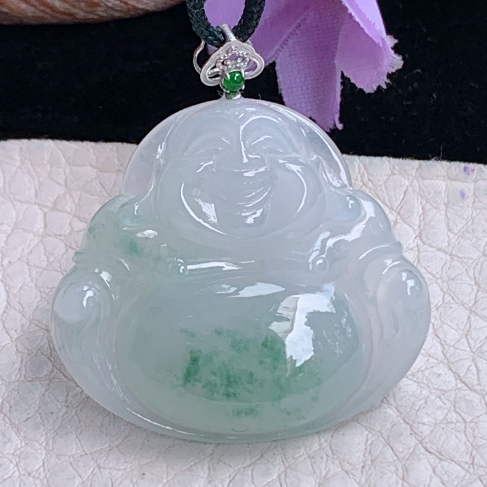 zz3实拍31.5*35.2*6天然缅甸翡翠冰飘花大佛公吊坠 镶金扣弥勒佛像毛衣坠