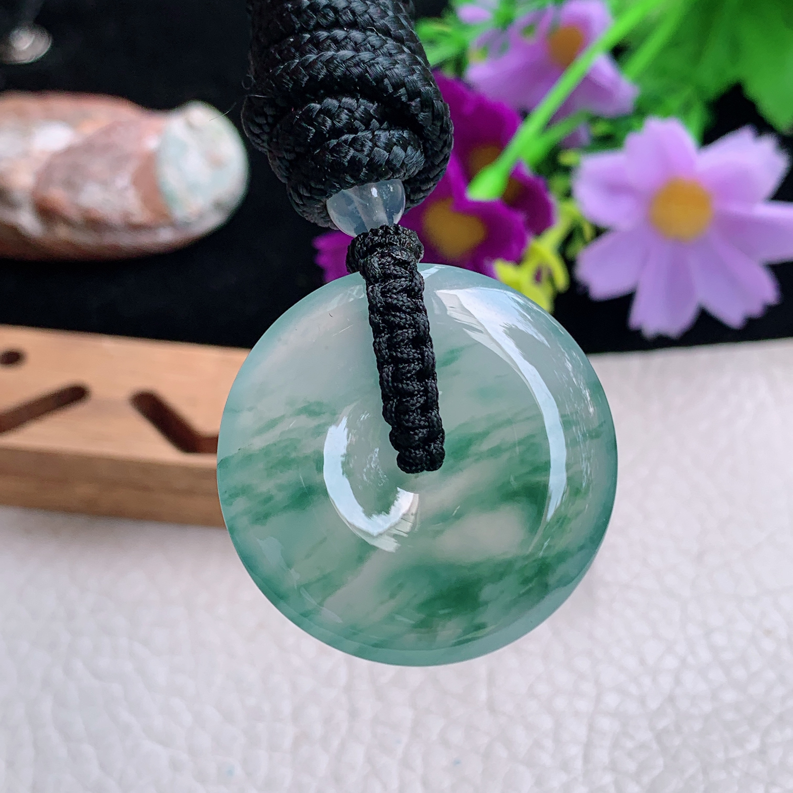 zz3实拍31.6*6天然缅甸翡翠冰飘花平安扣吊坠 简约高贵玉扣