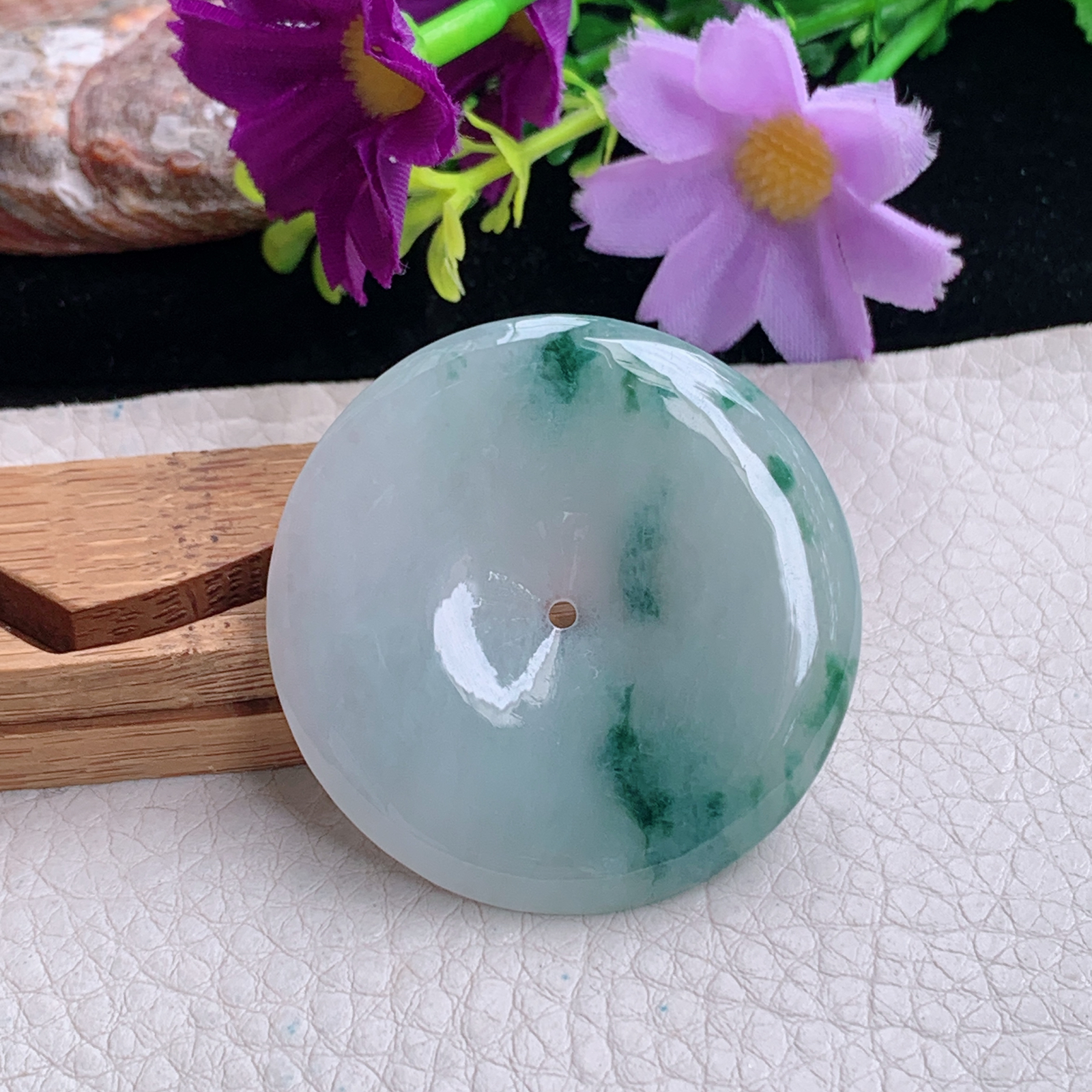 zz3实拍43*5.3天然缅甸翡翠飘花大平安扣吊坠 简约高雅玉扣毛衣坠