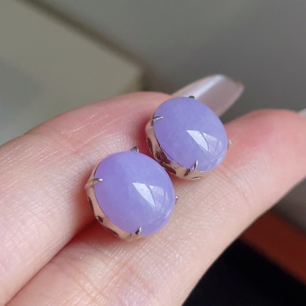 ️ 冰紫底蛋面耳钉 色泽浓郁 种老水润 18k金镶嵌 尺寸 10.6/9.8/5