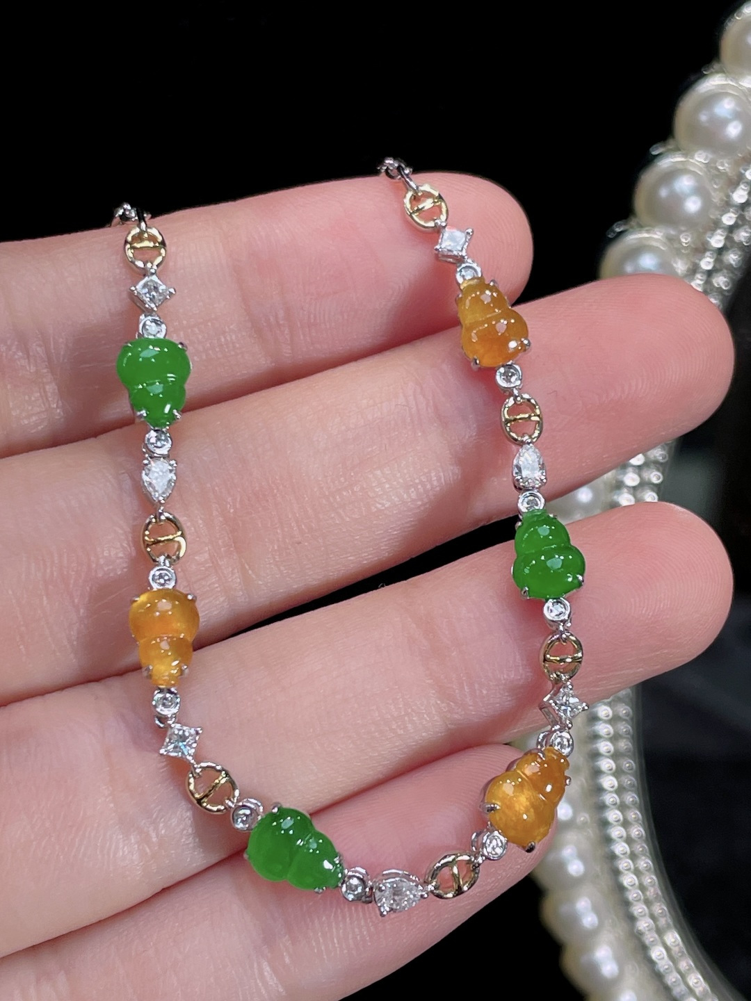 ️天然缅甸翡翠A货 双彩葫芦手链 18k金镶嵌钻石 细腻水灵 实拍接近，7-5.4-2.3