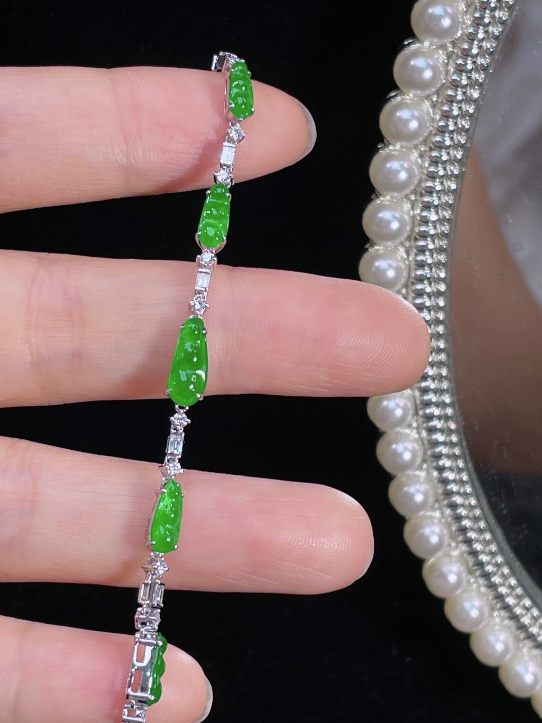 ️天然缅甸翡翠A货 满绿福豆手链 18k金镶嵌钻石 细腻水灵 实拍接近，10.6-4.5-3.0