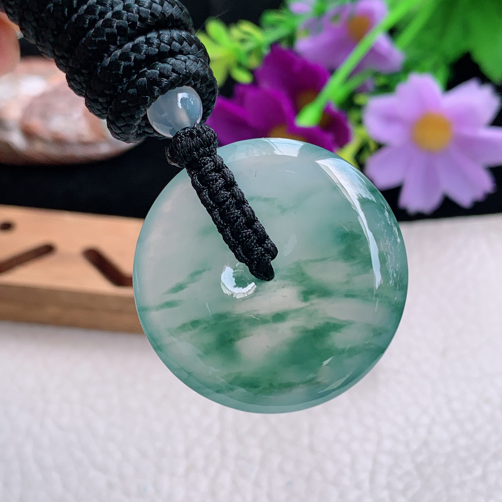 zz3实拍31.6*6天然缅甸翡翠冰飘花平安扣吊坠 简约高贵玉扣