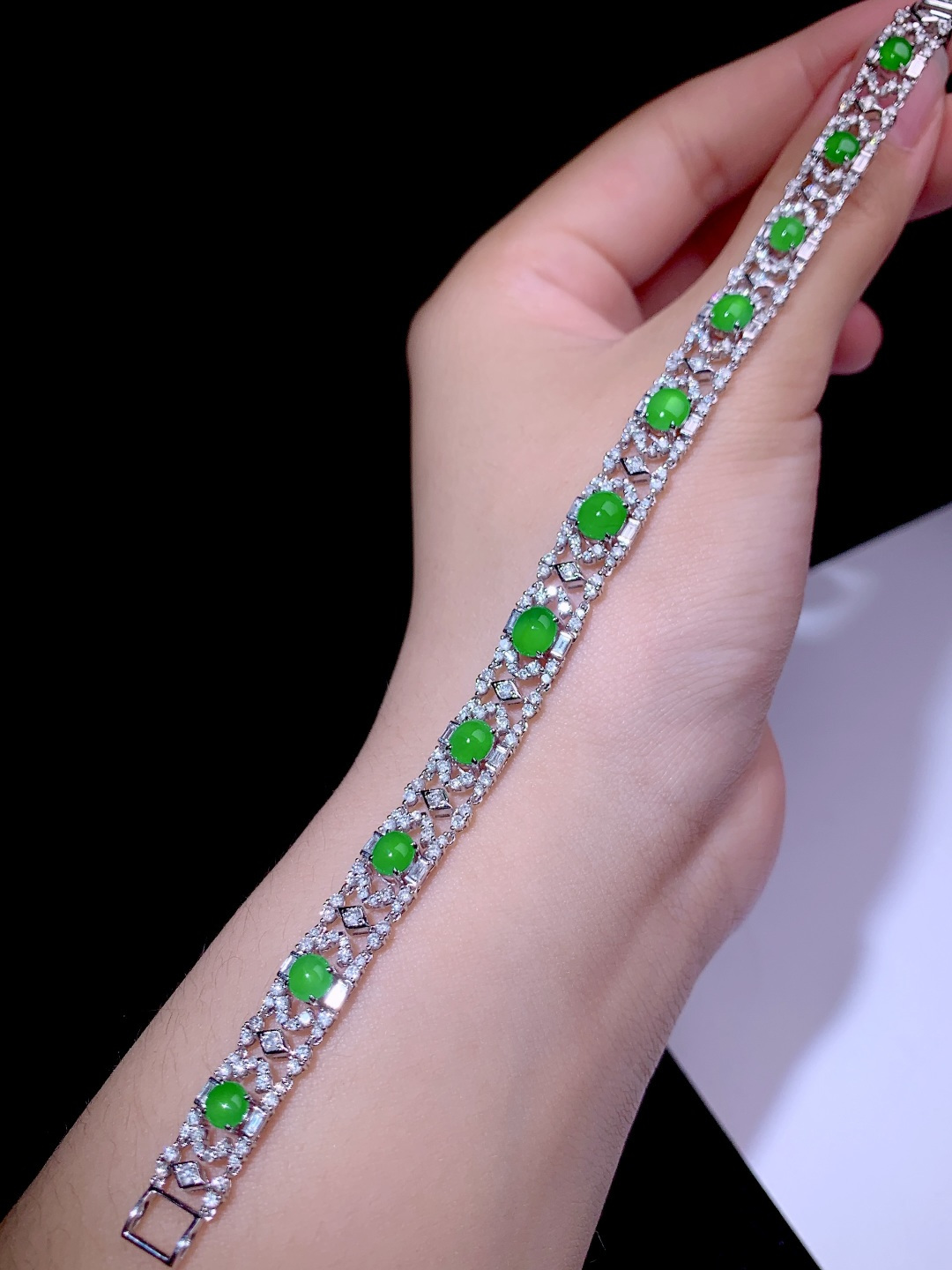 ️超值五位数喜询冰阳绿蛋面手链18k金钻镶嵌，5.5-4.5