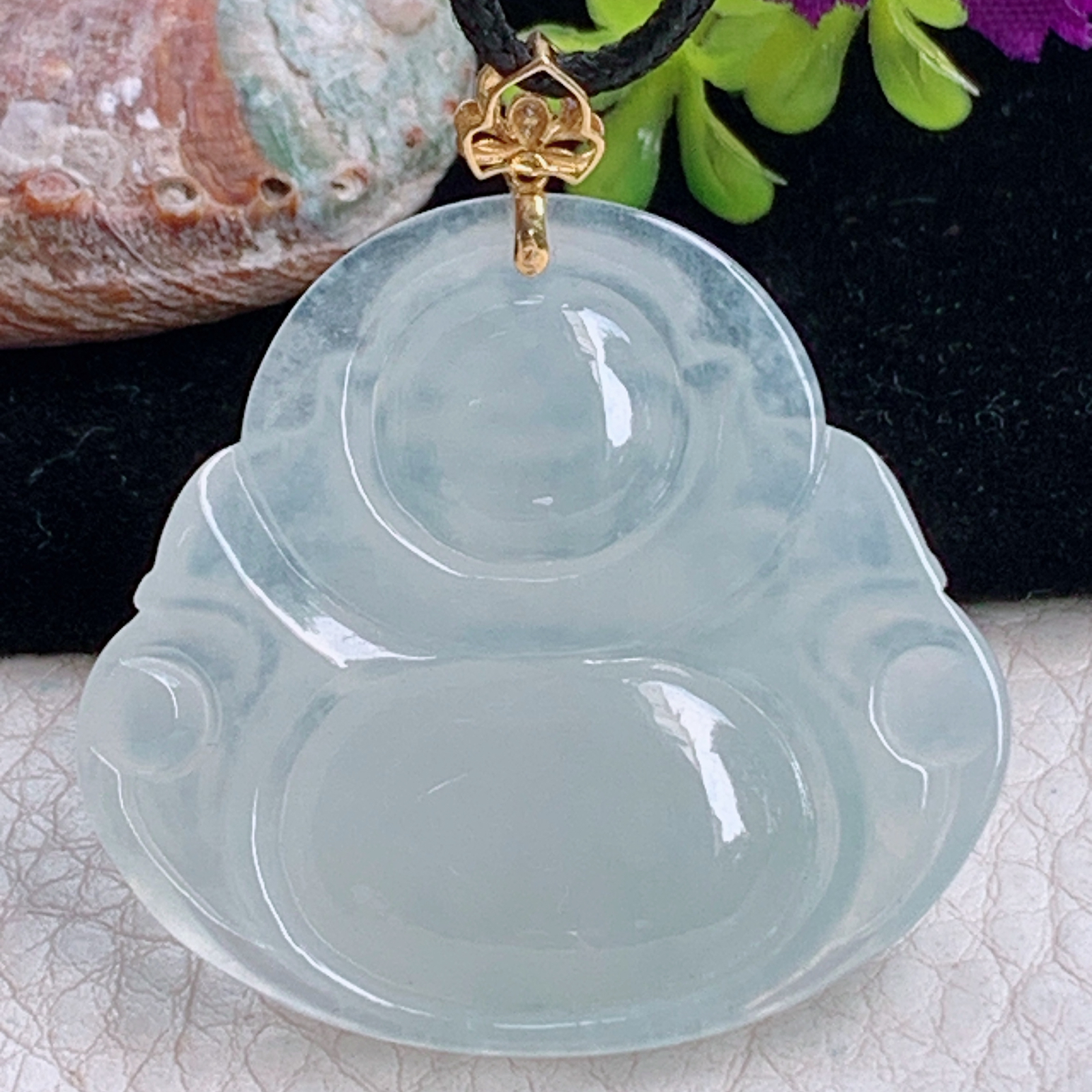 zz3实拍35.6*38.5*7天然缅甸翡翠冰透大佛公吊坠 镶金扣白月光弥勒佛像项坠