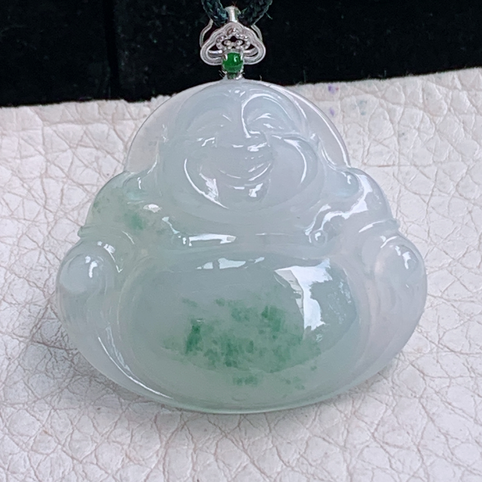 zz3实拍31.5*35.2*6天然缅甸翡翠冰飘花大佛公吊坠 镶金扣弥勒佛像毛衣坠