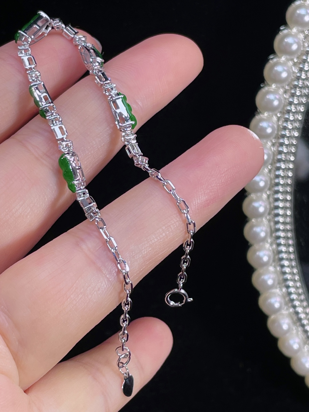 ️天然缅甸翡翠A货 满绿福豆手链 18k金镶嵌钻石 细腻水灵 实拍接近，10.6-4.5-3.0