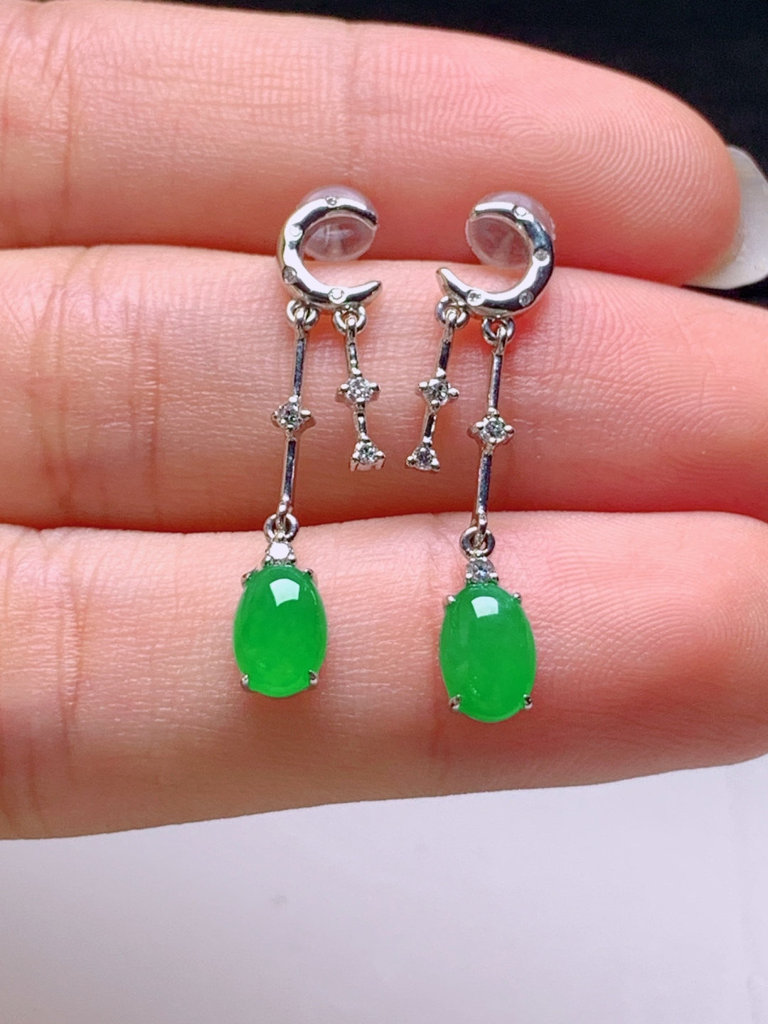 ️ 冰阳绿旦面耳坠，无裂色阳，裸石7.3-4.6-3.1