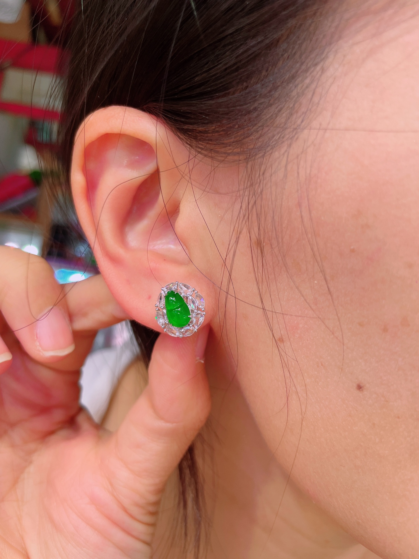 ️超值，高冰绿葫芦耳钉 晶莹剔透，新颖时尚，无裂，8-5.5-3