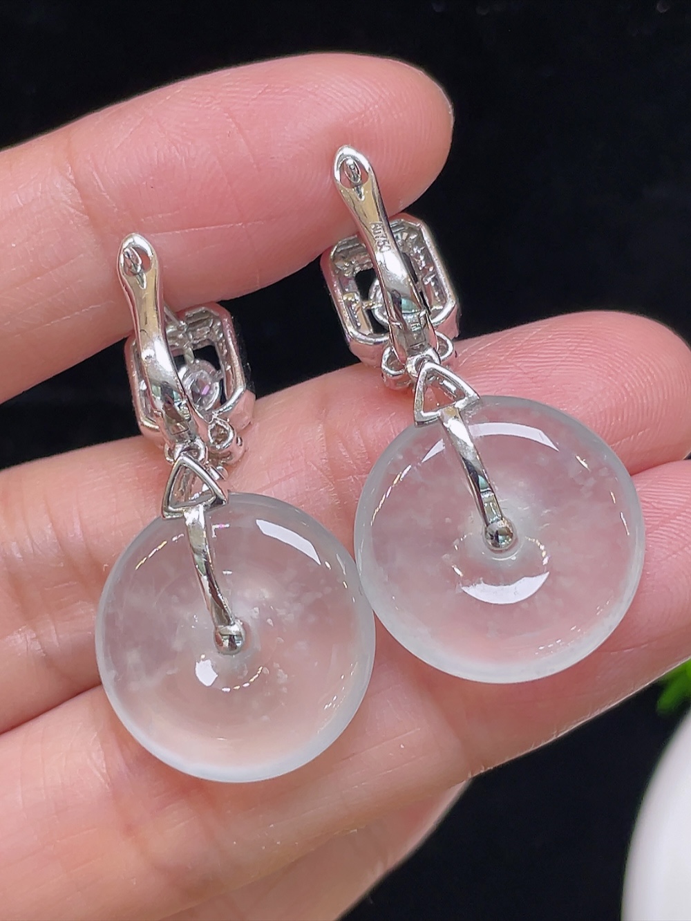 ️【飘雪花，平安扣耳环】大件饱满，通透水润，玉质细腻，翠色鲜艳，18k金奢华钻石镶嵌️，18.1-4.2